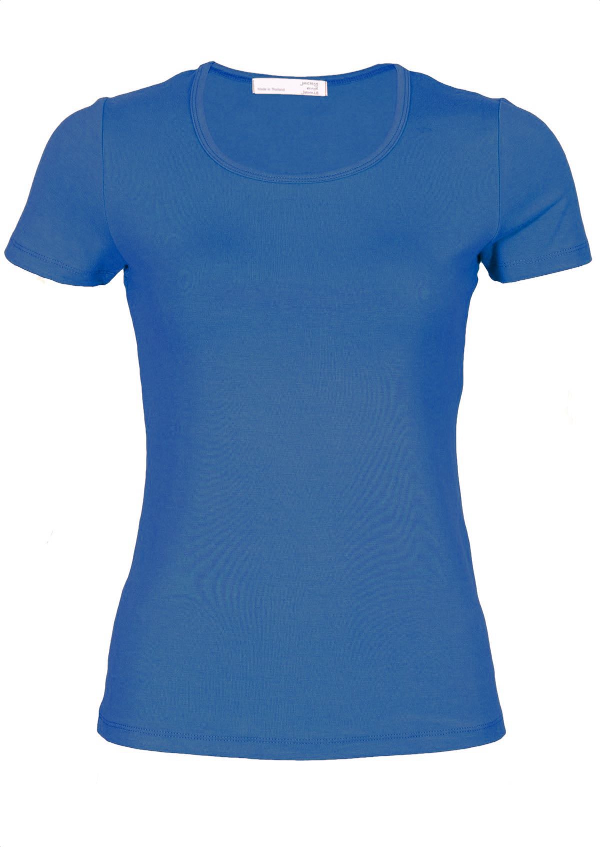 Women's scoop neck blue rayon fitted t-shirt.