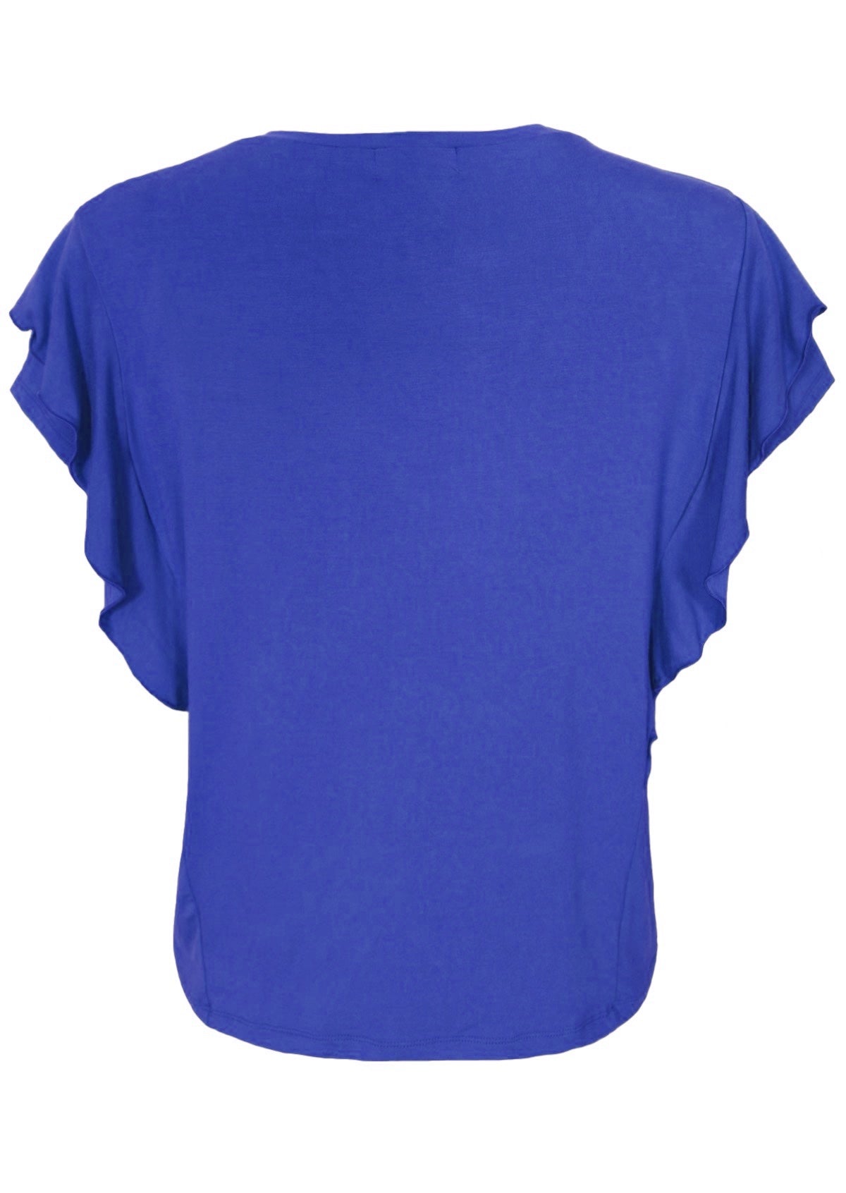 Back view loose fit women's basic ruffle blue top.