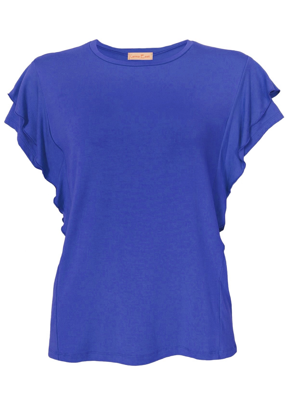 Front view of women's blue basic ruffle rayon top.