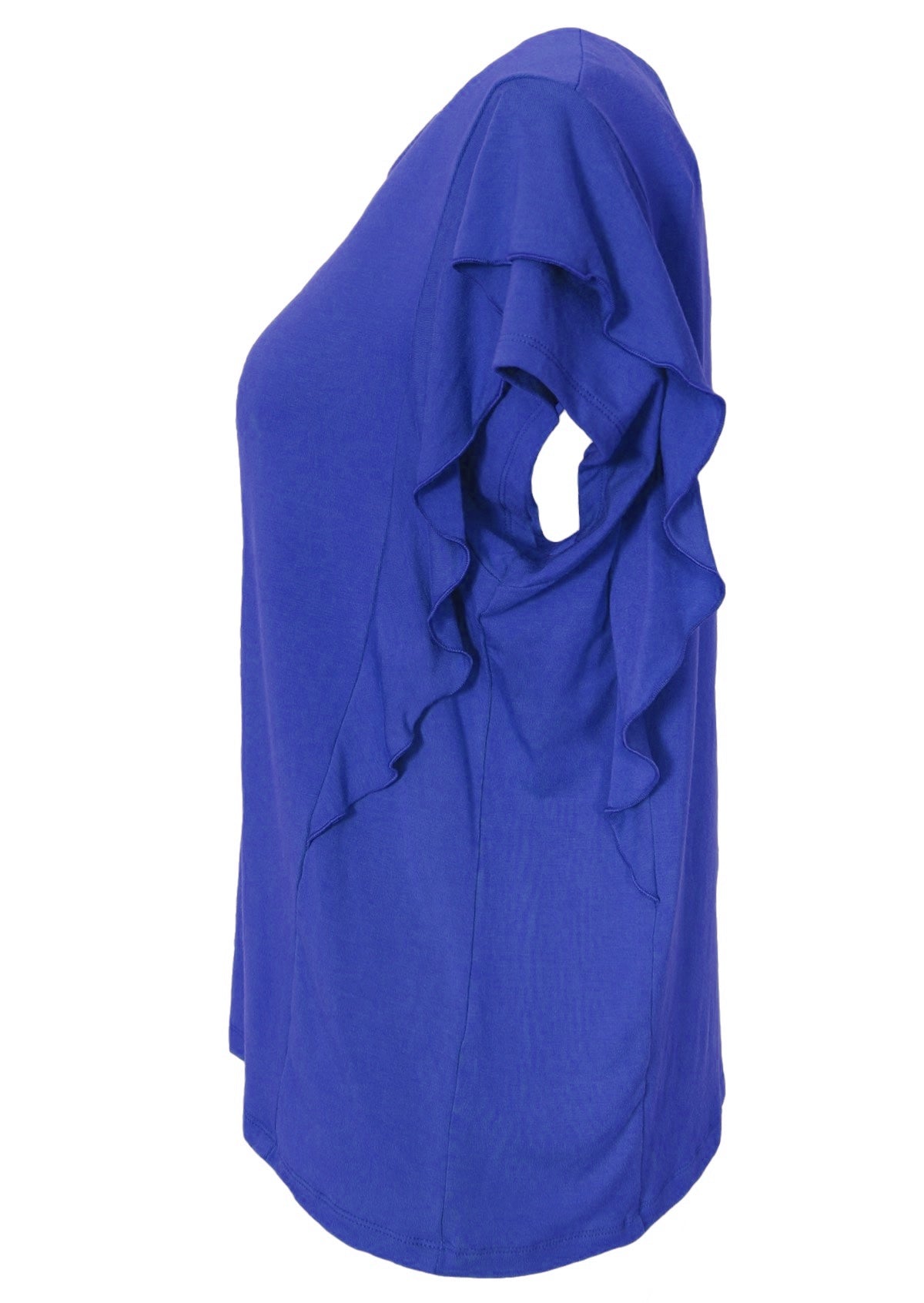 Side view blue ruffle over shoulder top.