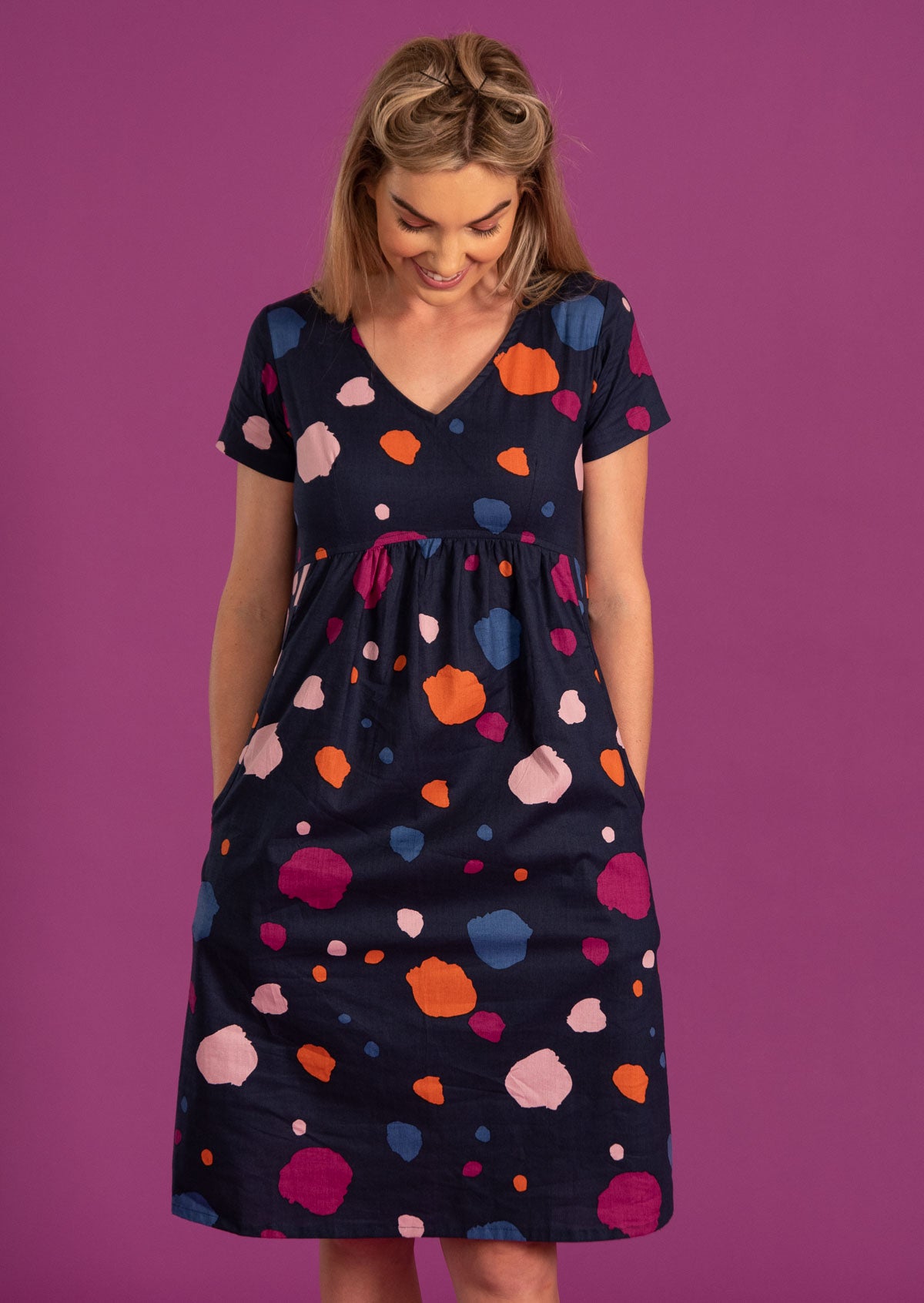 Short Sleeve 100% Cotton Womens Dress with Pockets, V neckline and gathers under the bust.