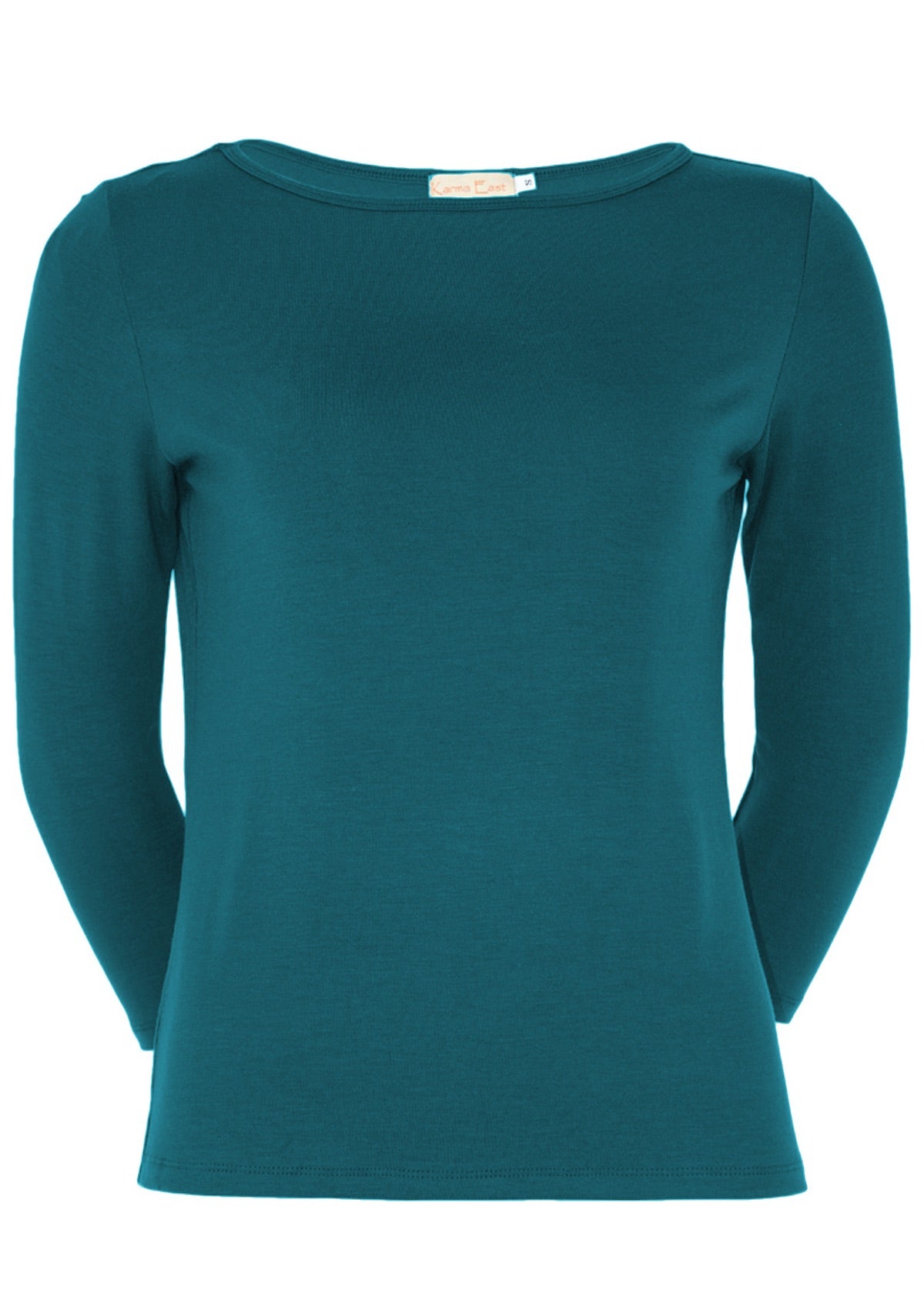 Front view of women's rayon boat neck teal 3/4 sleeve top.