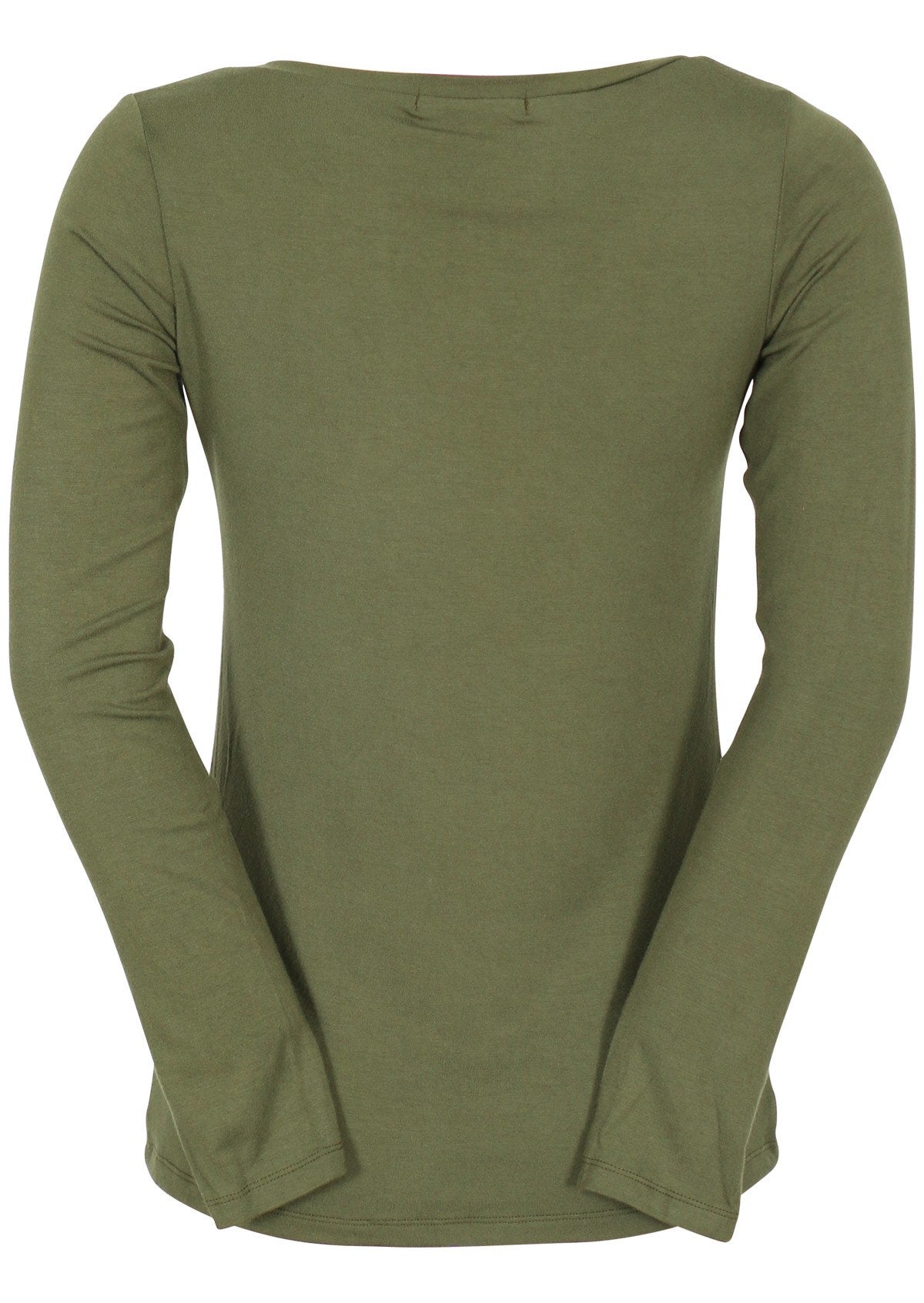 Back view of women's olive green long sleeve stretch v-neck soft rayon top.