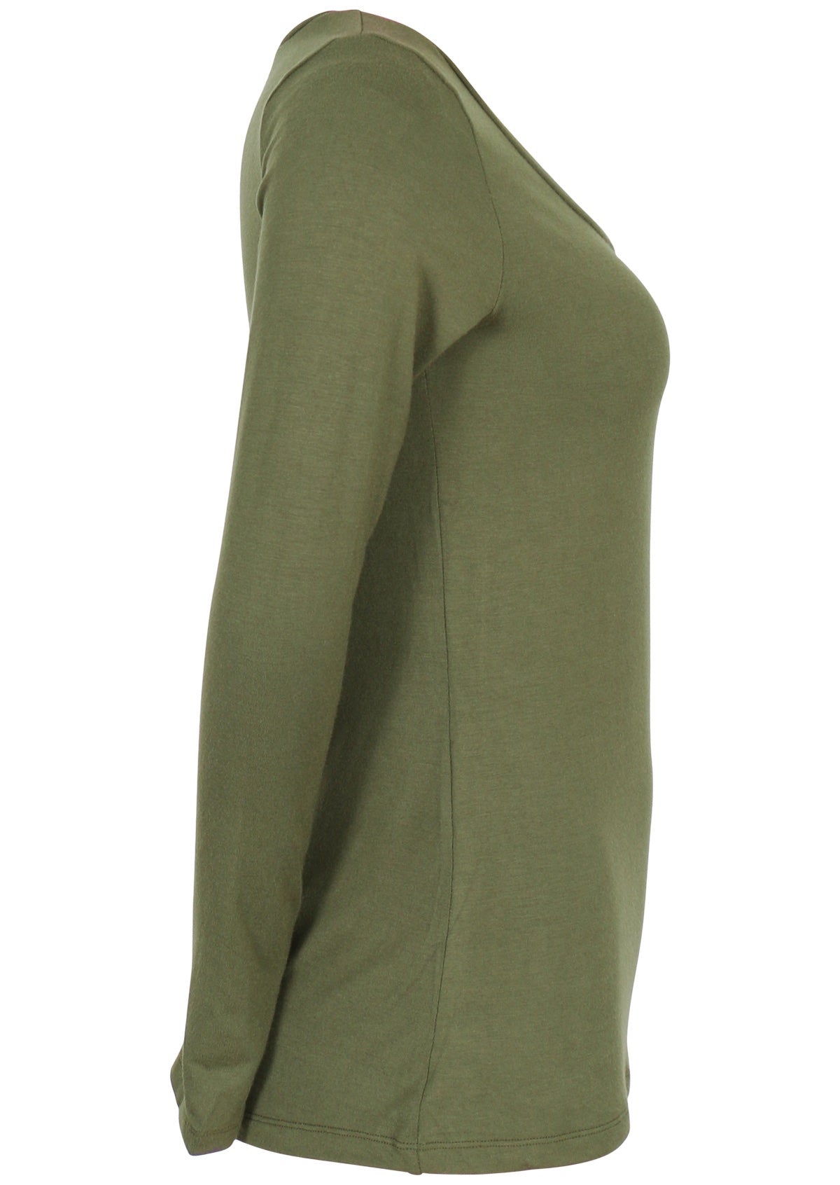 Side view of women's olive green long sleeve stretch v-neck soft rayon top.