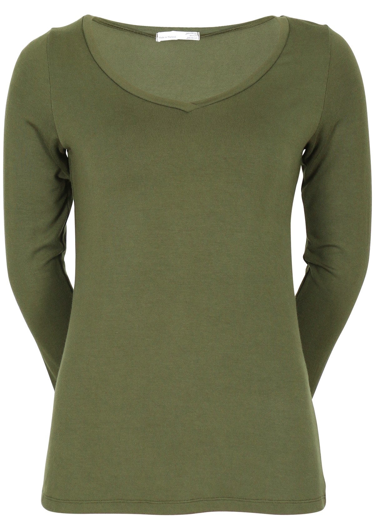 Front view of women's olive green long sleeve stretch v-neck soft rayon top.