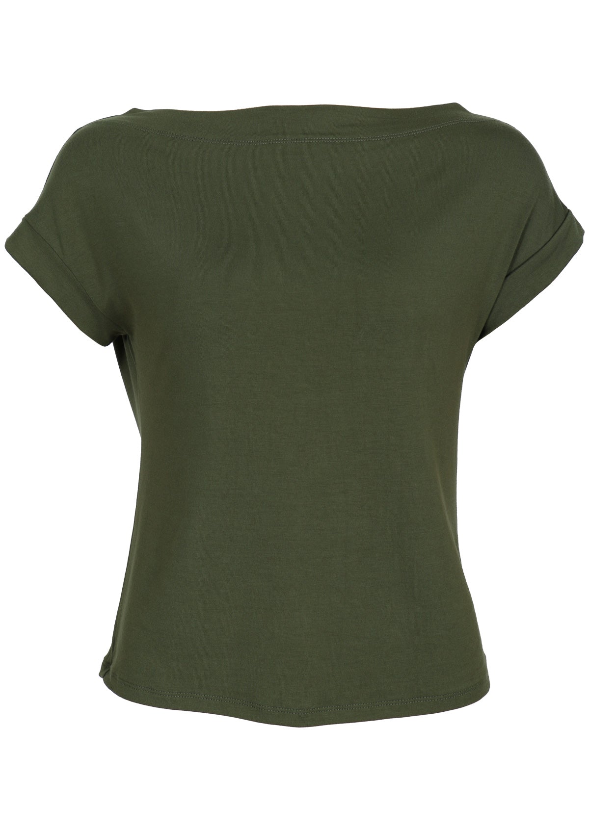 Front view of women's wide neck mod olive green stretch rayon boat neck top