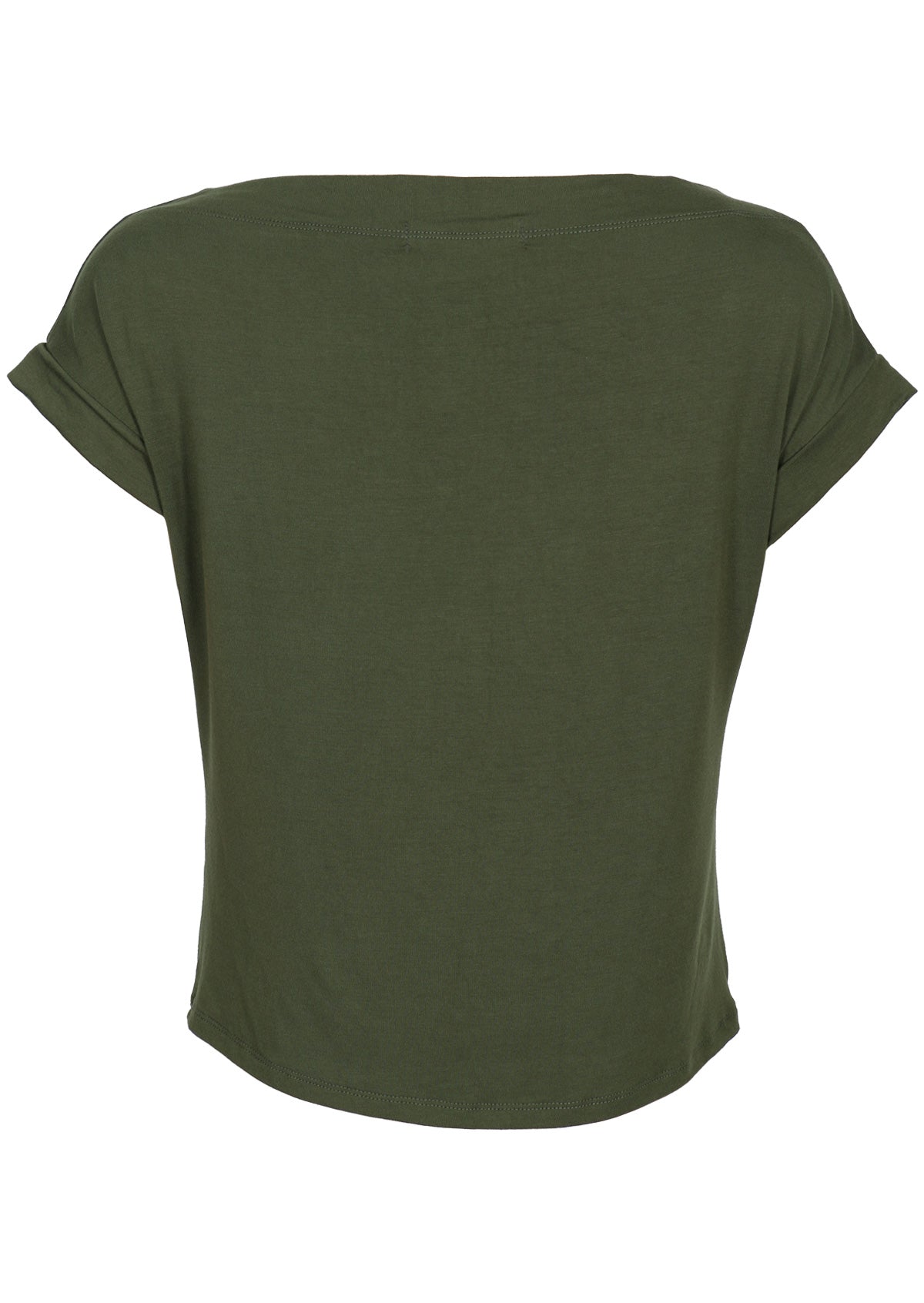Back view of women's wide neck mod olive green stretch rayon boat neck top