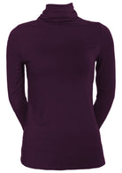 Front view of women's turtle neck purple fitted long sleeve soft stretch rayon top.