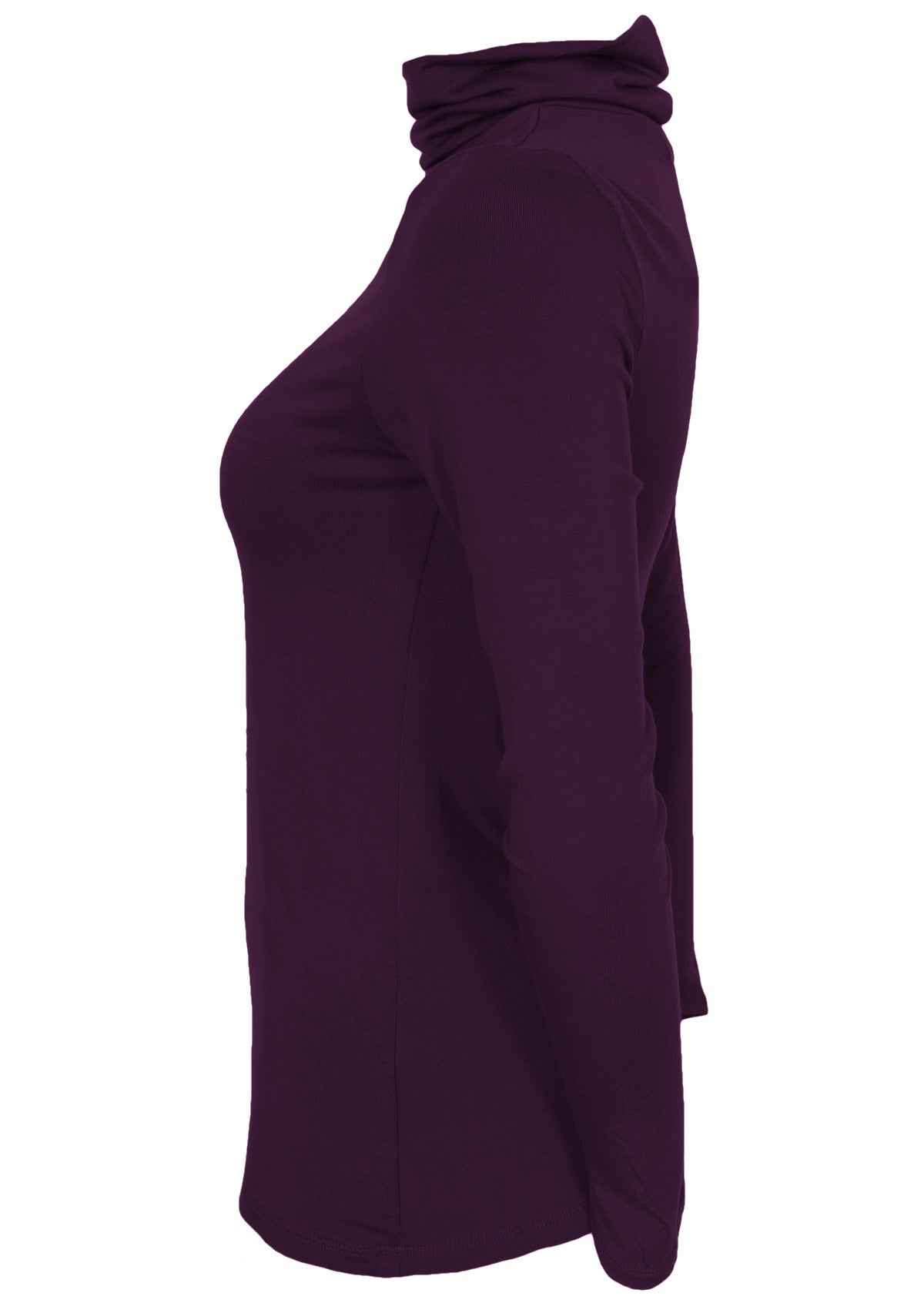 Side view of women's turtle neck purple fitted long sleeve soft stretch rayon top.