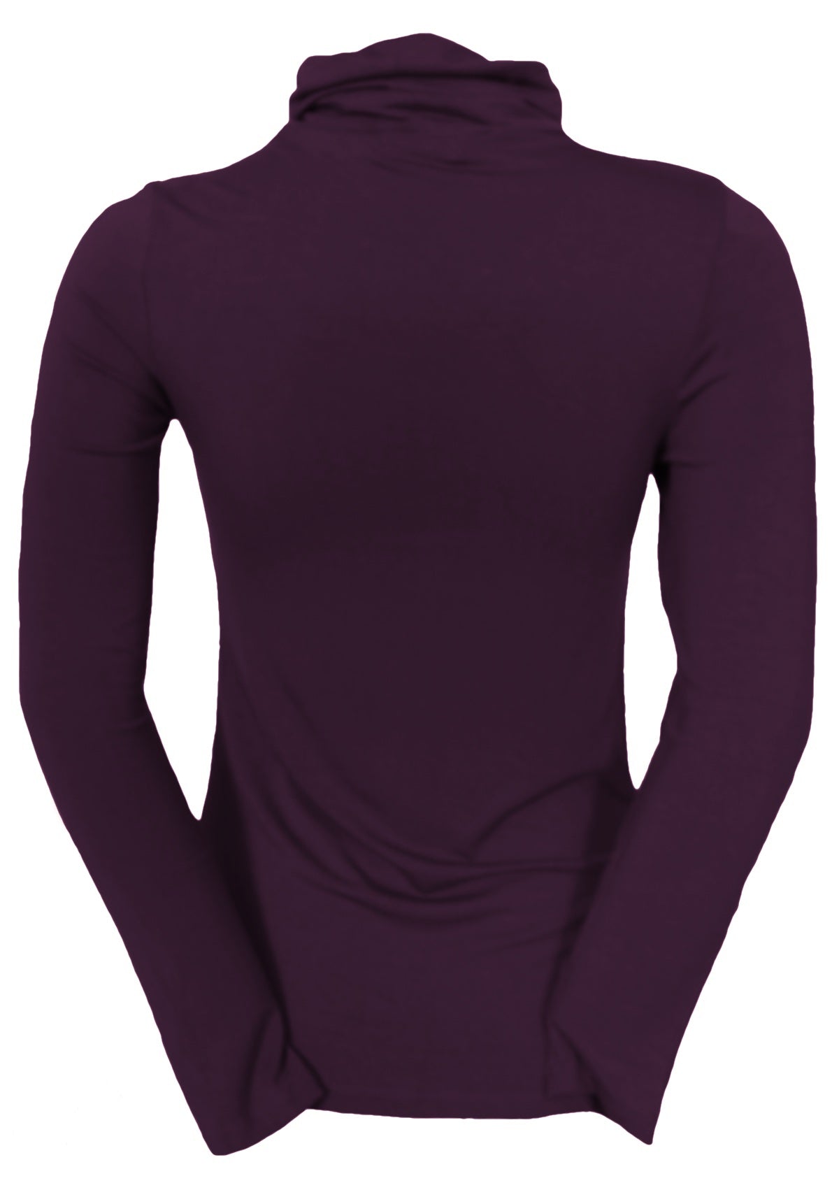 Back view of women's turtle neck purple fitted long sleeve soft stretch rayon top.