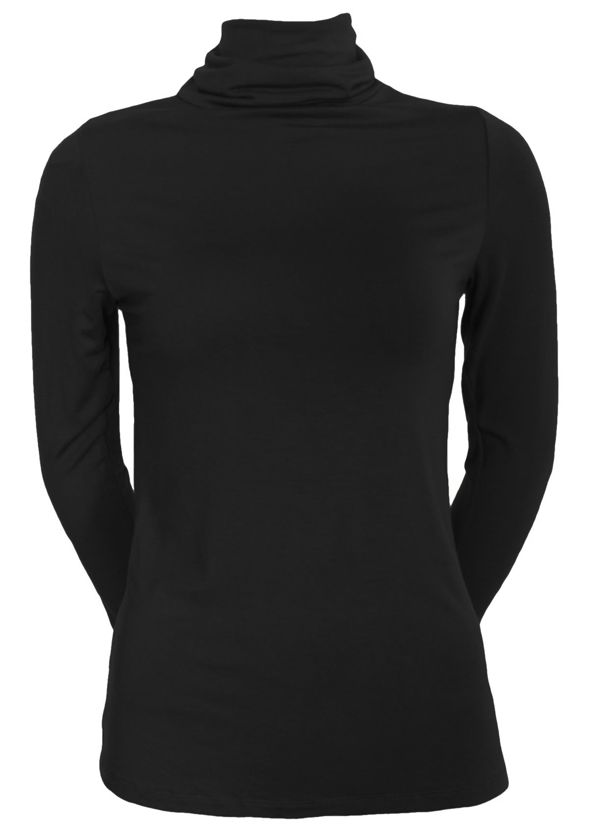 Front view of a women's turtle neck black fitted long sleeve soft stretch rayon top.