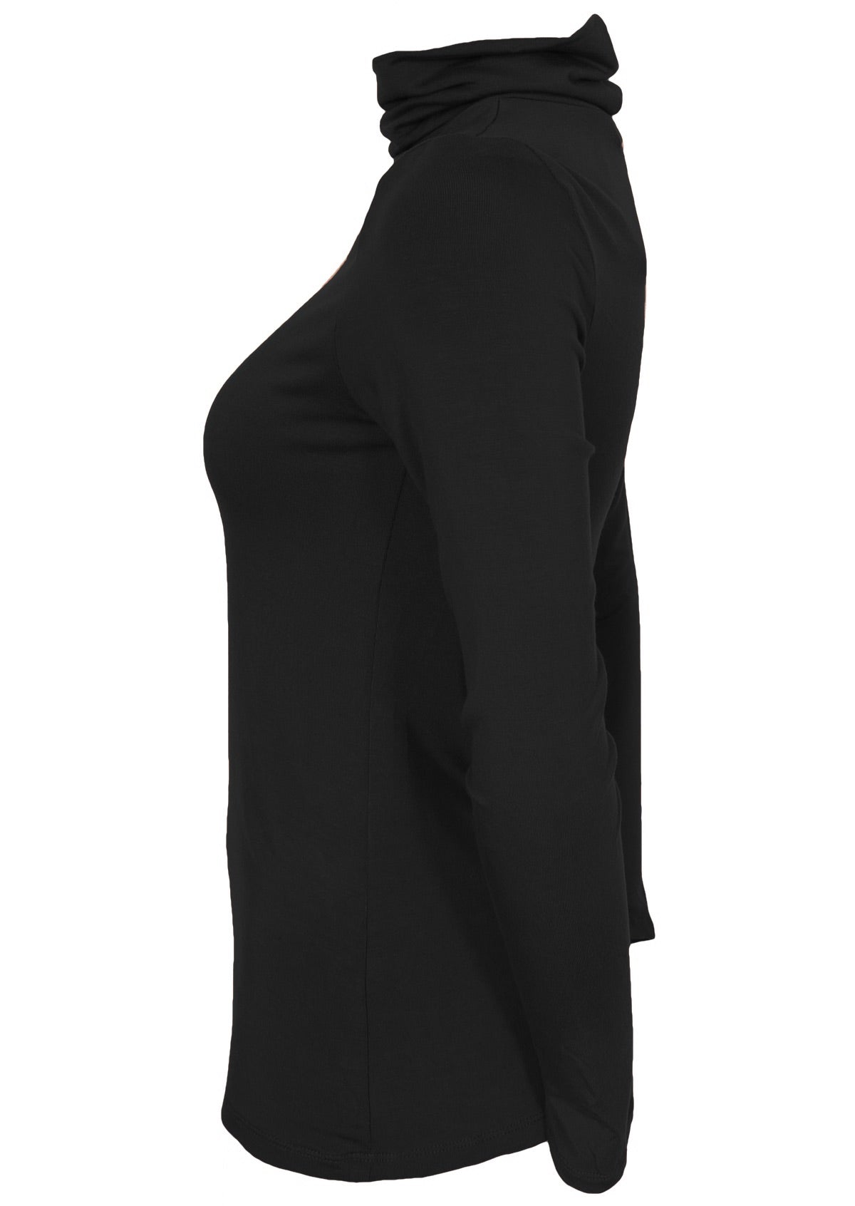 Side view of women's turtle neck black fitted long sleeve soft stretch rayon top.
