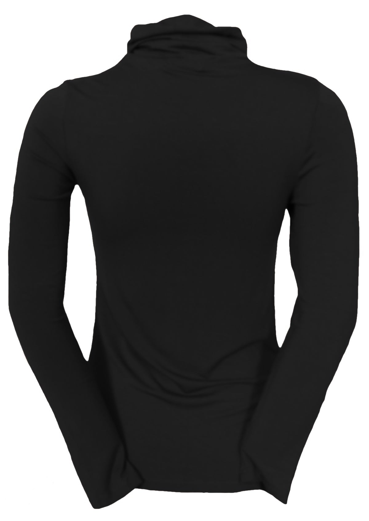 Back view of women's long sleeve turtle neck black top.
