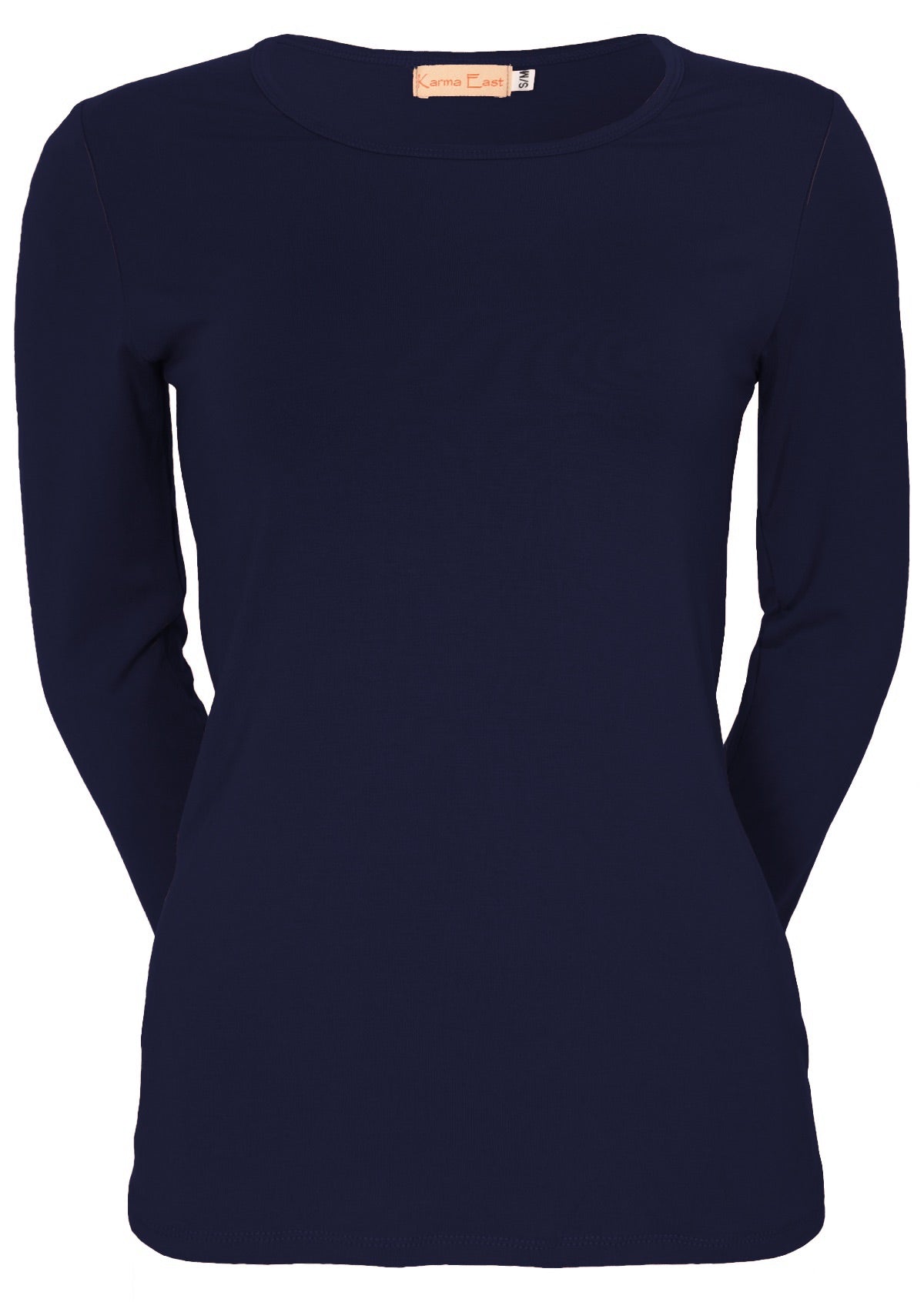 Front view of women's round neck navy blue long sleeve rayon top.