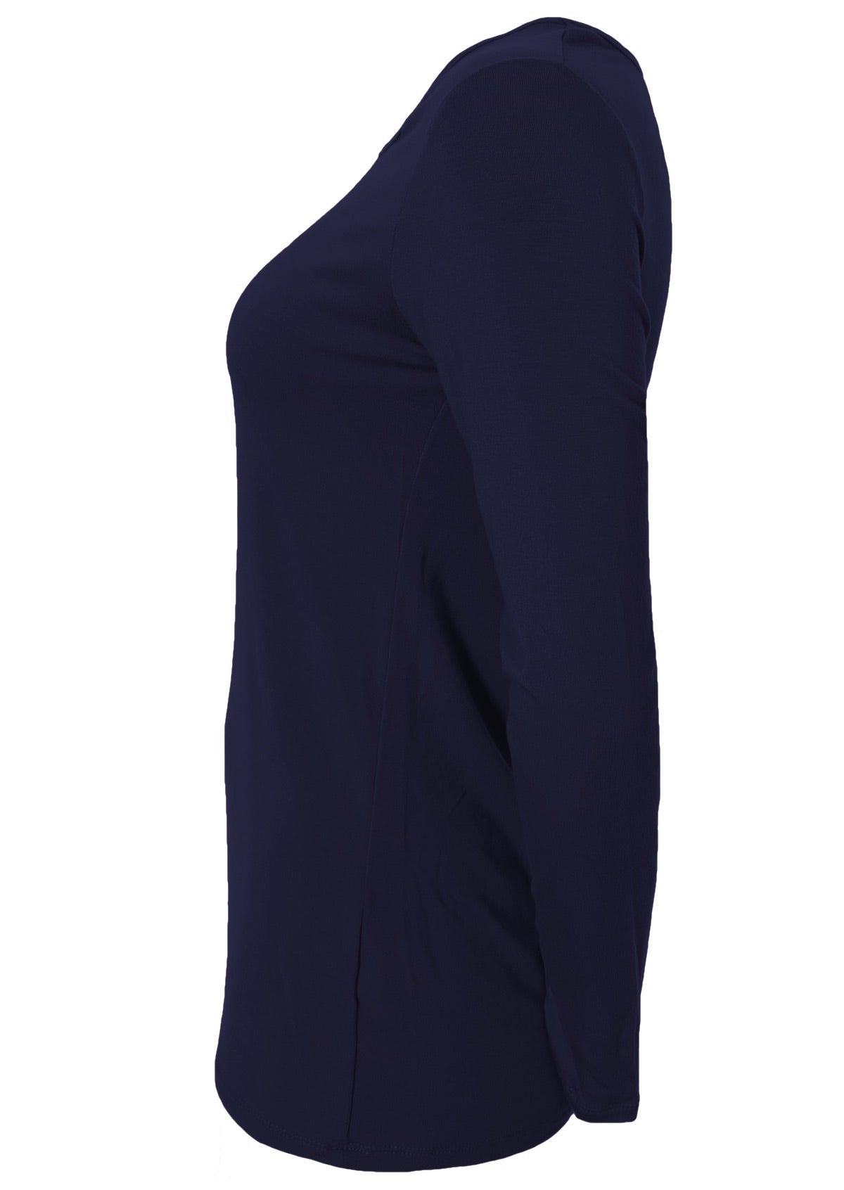 Side view of women's round neck navy blue long sleeve rayon top.