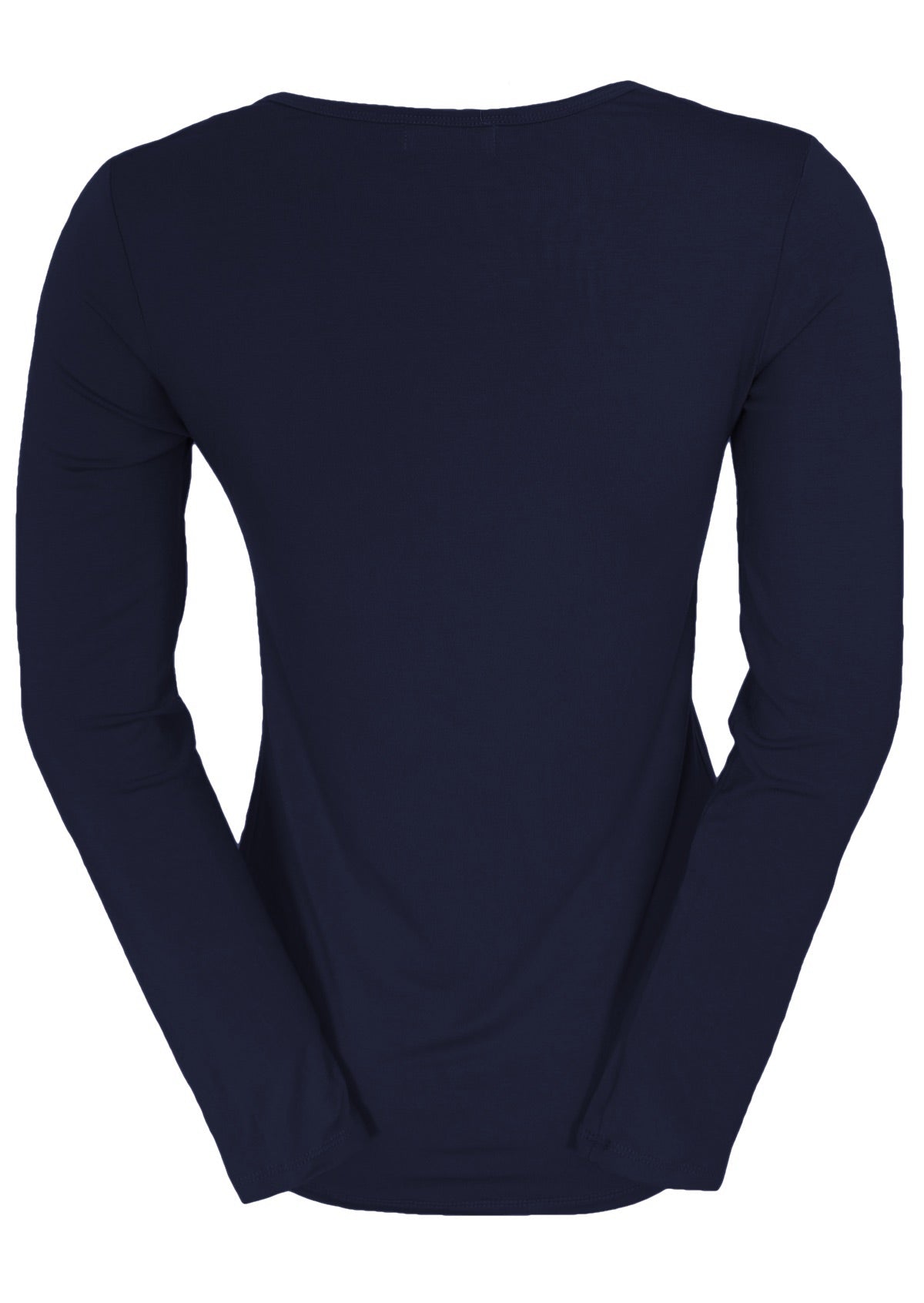 Back view of women's round neck navy blue long sleeve rayon top.