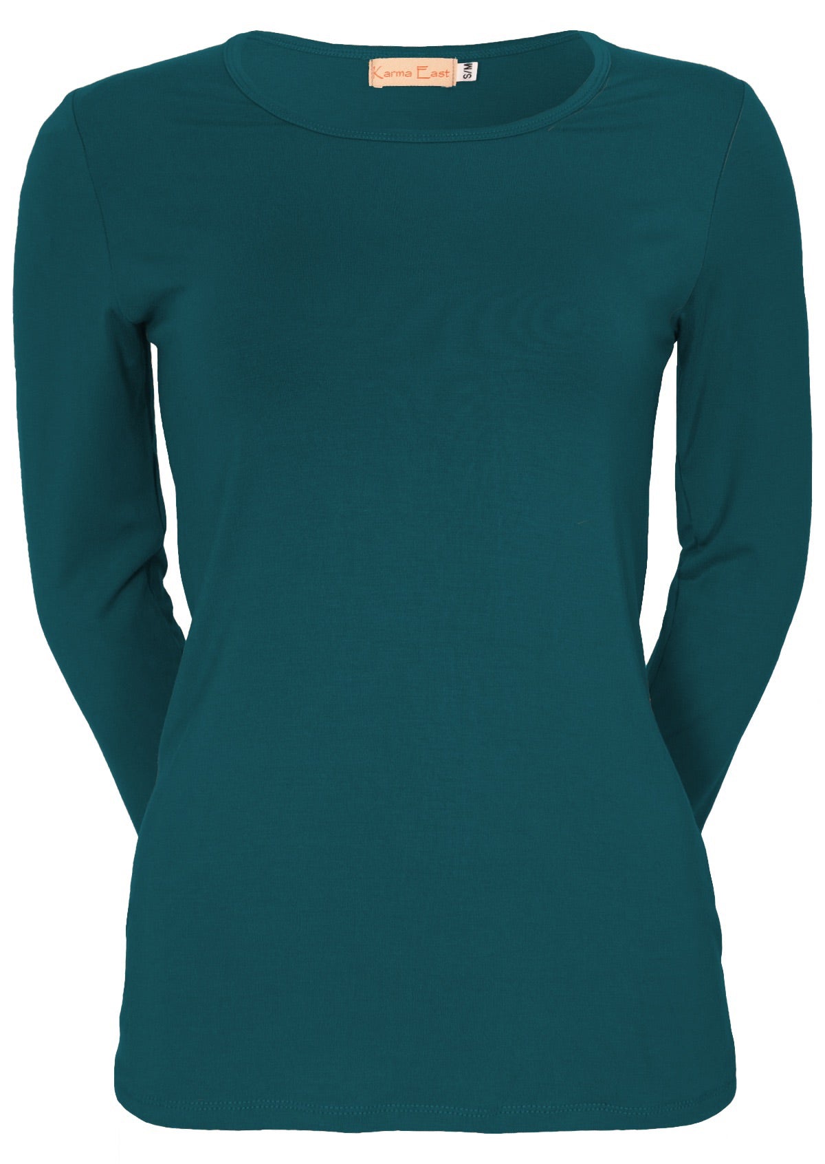 Front view of women's round neck teal long sleeve rayon top.