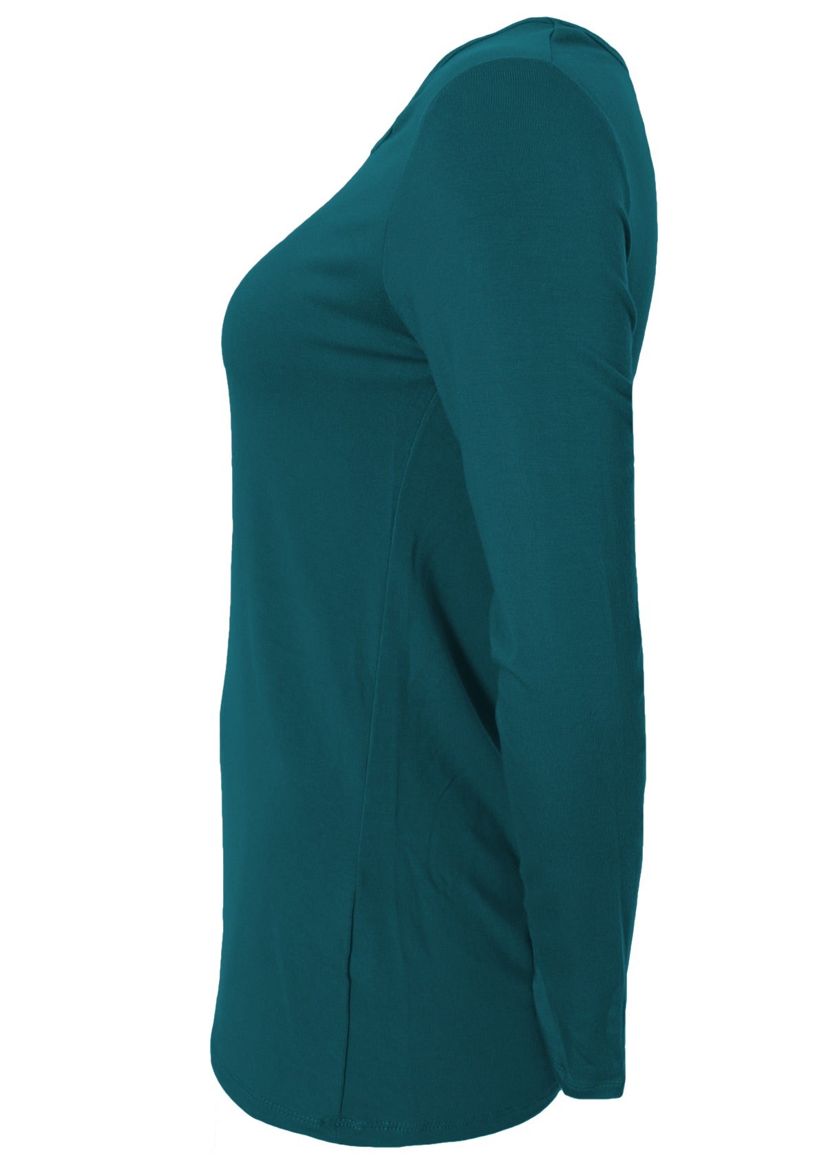Side view of women's round neck teal long sleeve rayon top.