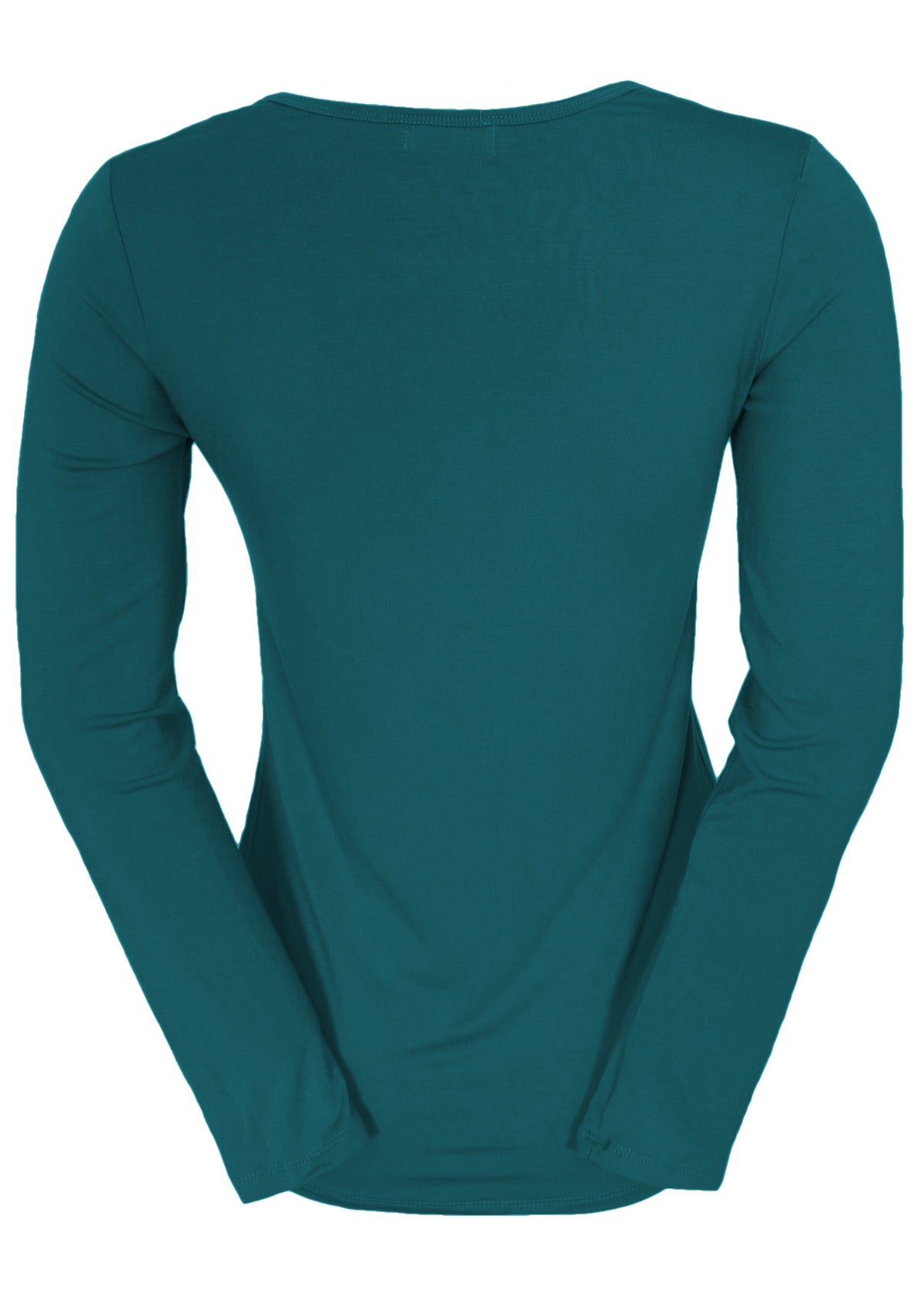 Back view of women's round neck teal long sleeve rayon top.