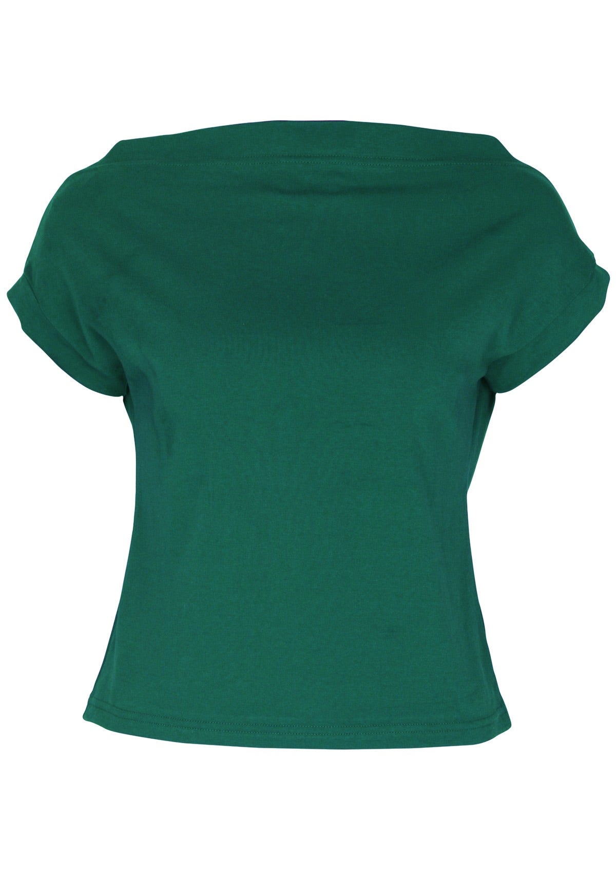 Front view of a women's wide neck mod green stretch rayon boat neck top