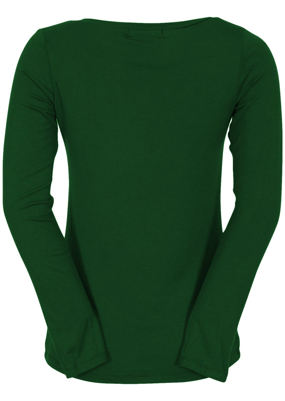 Back view of women's green long sleeve stretch v-neck soft rayon top.