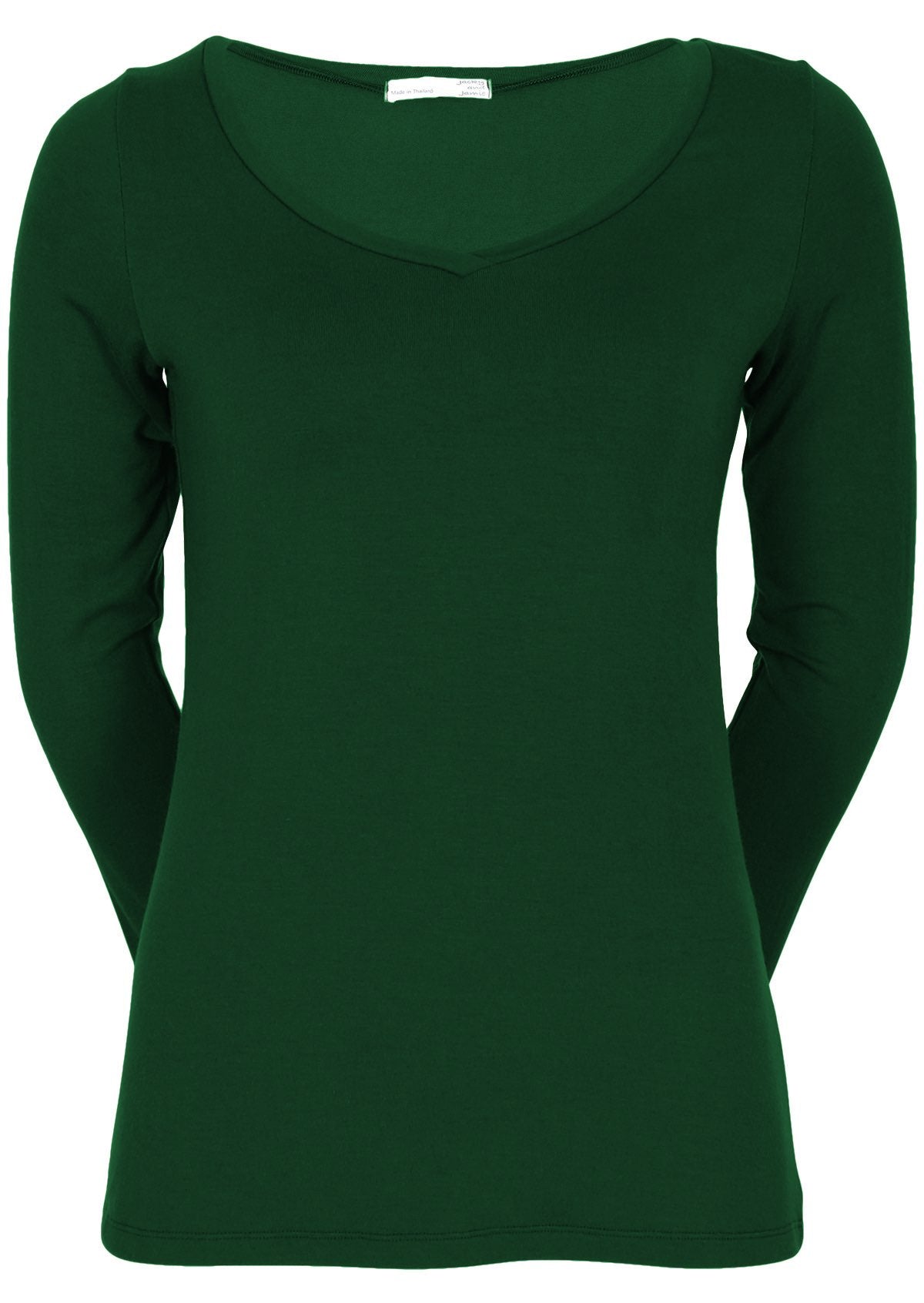 Front view of women's green long sleeve stretch v-neck soft rayon top.