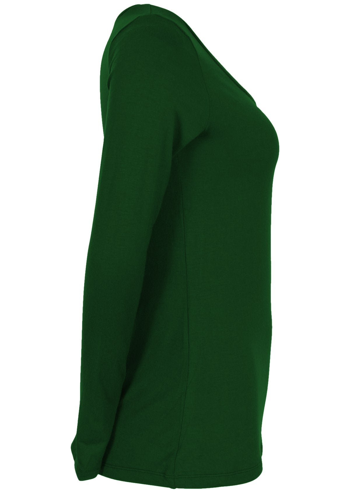 Side view of women's green long sleeve stretch v-neck soft rayon top.