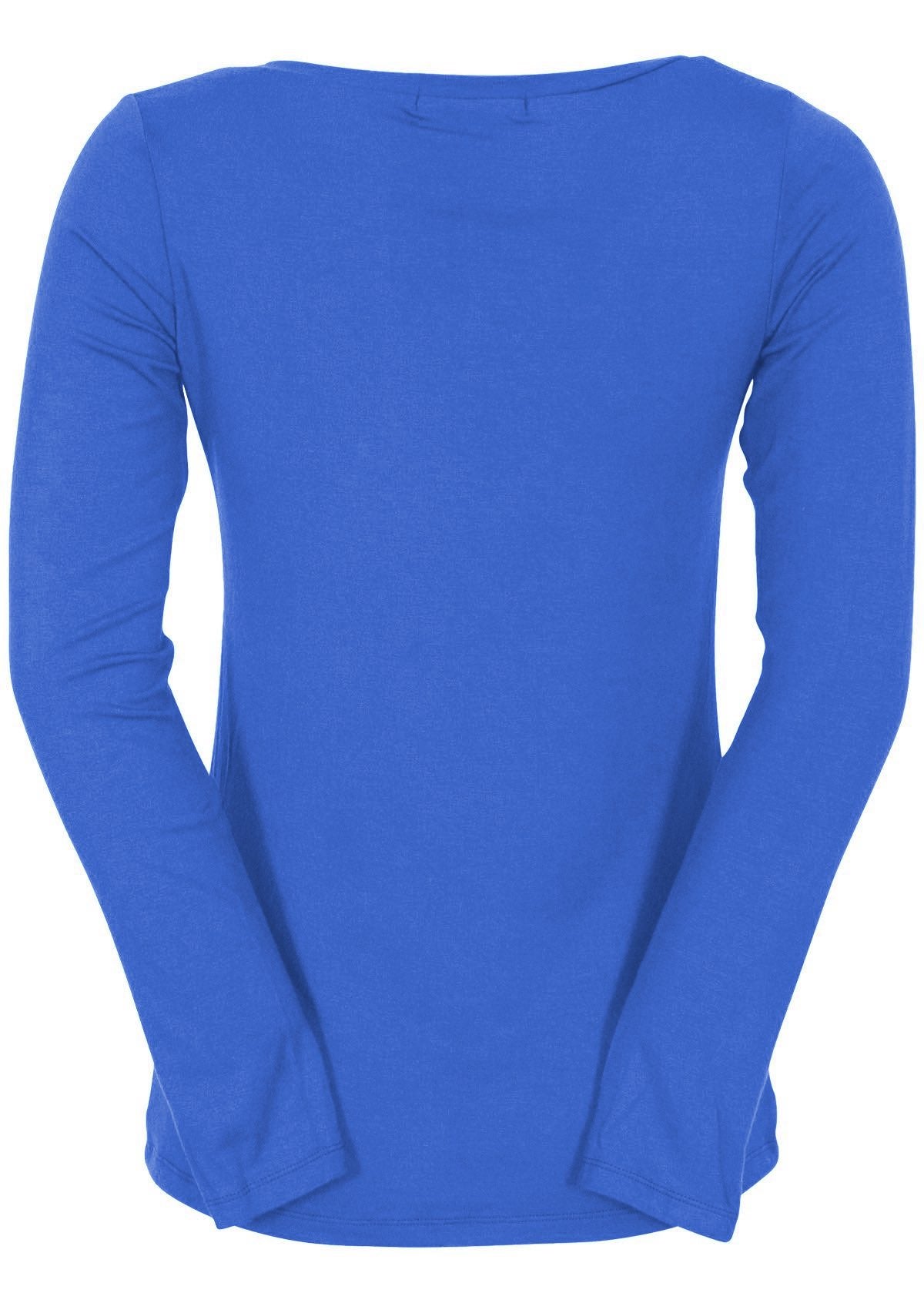 Back view of women's blue long sleeve stretch v-neck soft rayon top.