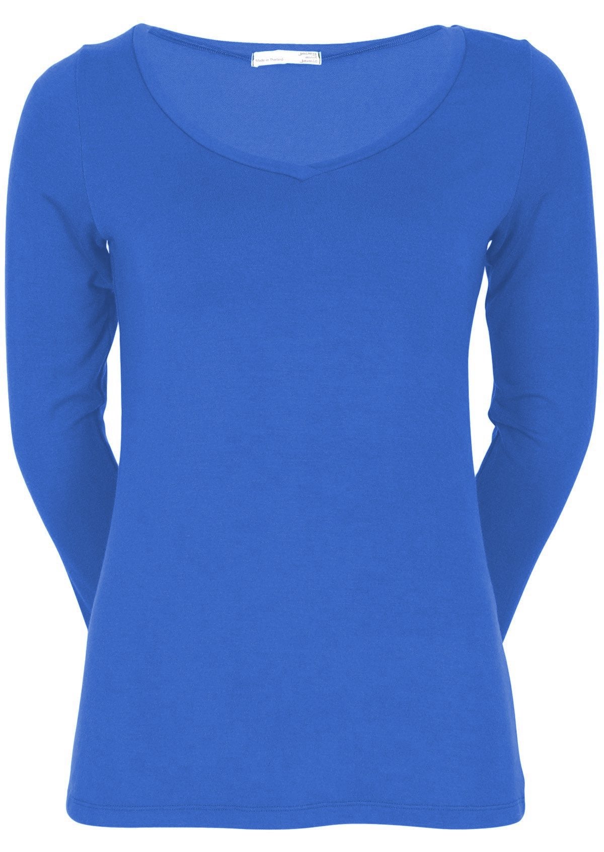 Front view of women's blue long sleeve stretch v-neck soft rayon top.