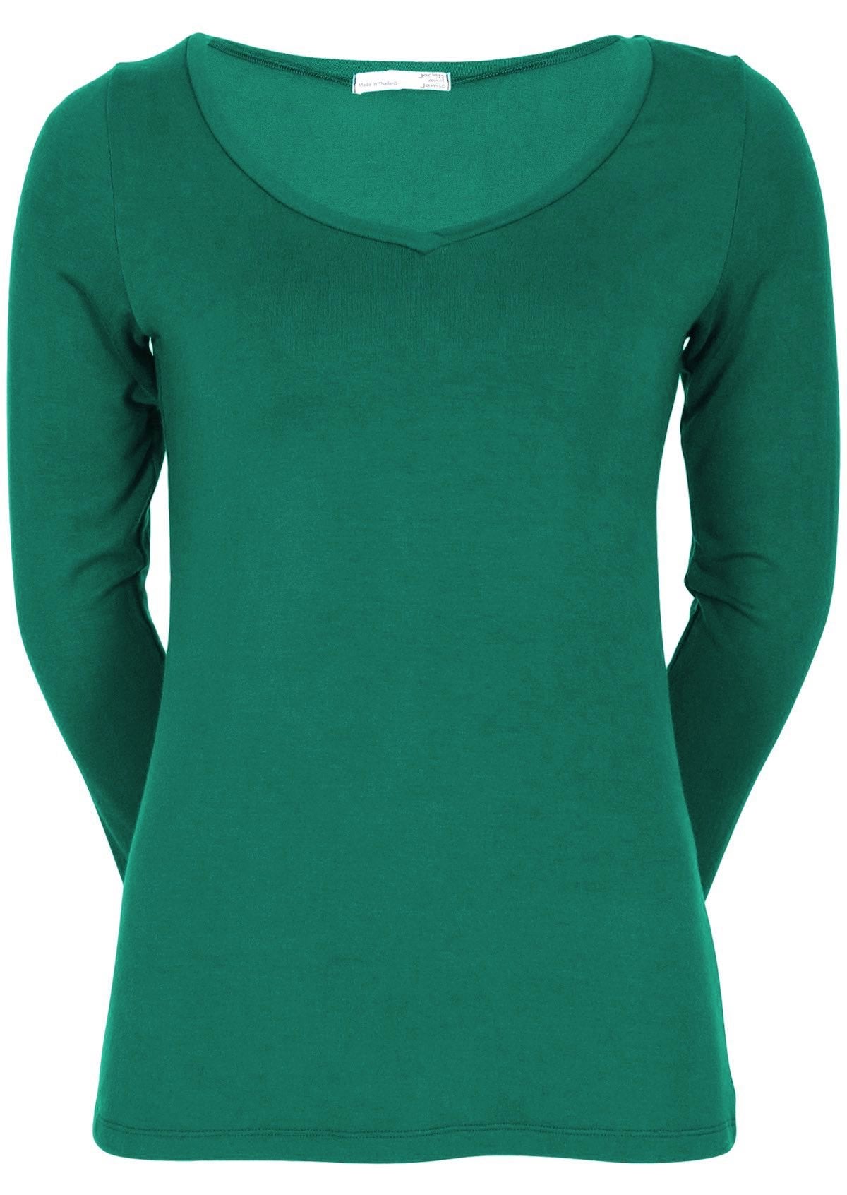 Front view of women's jade green long sleeve stretch v-neck soft rayon top.