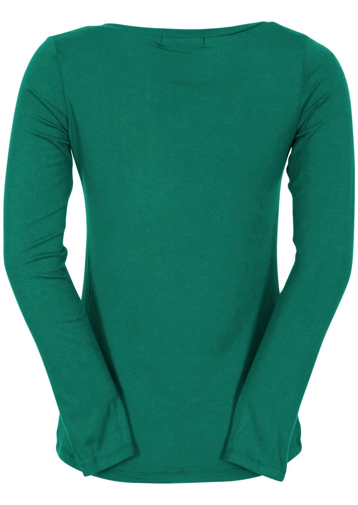 Back view of women's jade green long sleeve stretch v-neck soft rayon top.