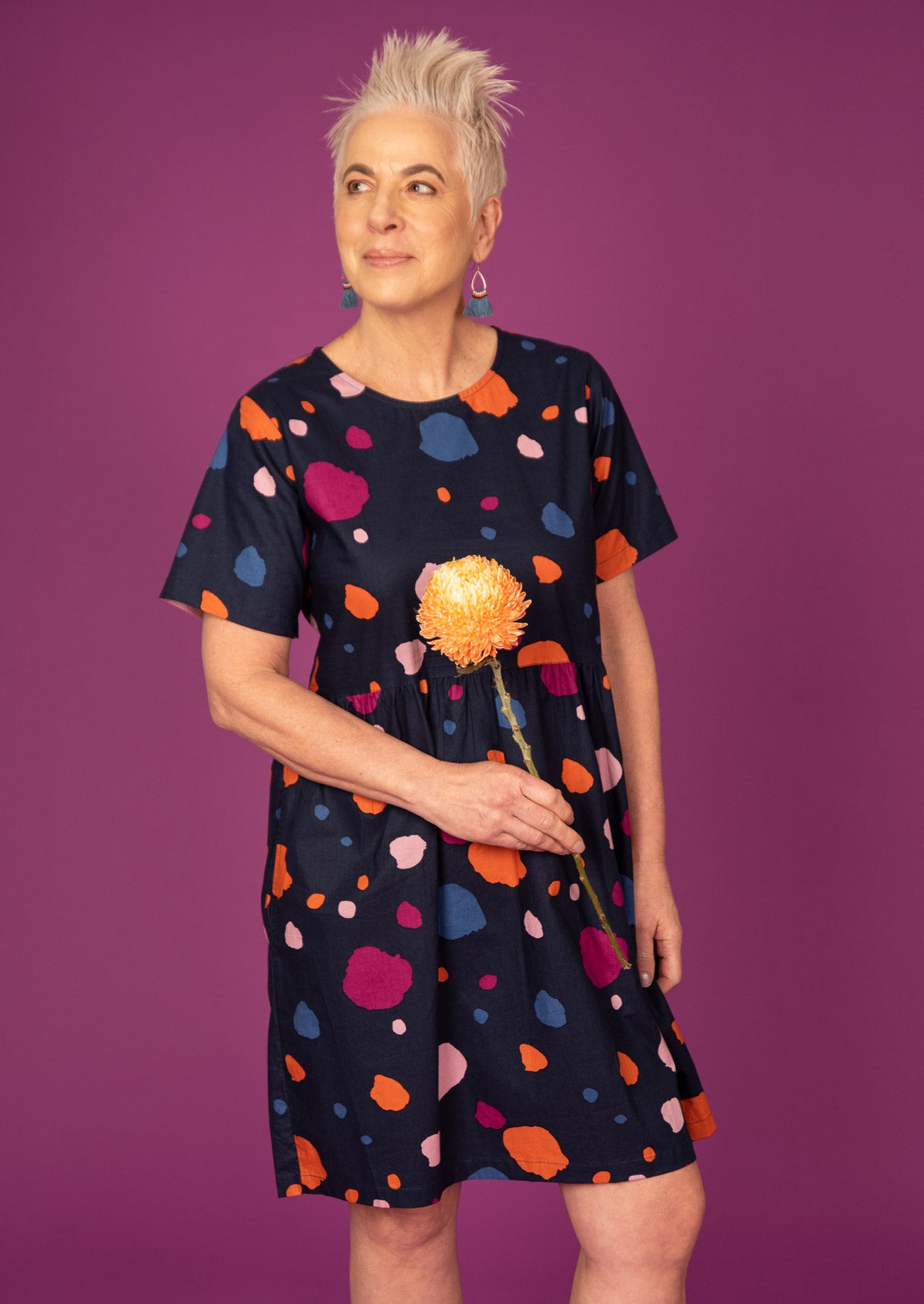 Dark Navy background with coloured spots Printed Cotton Dress Ethical Production