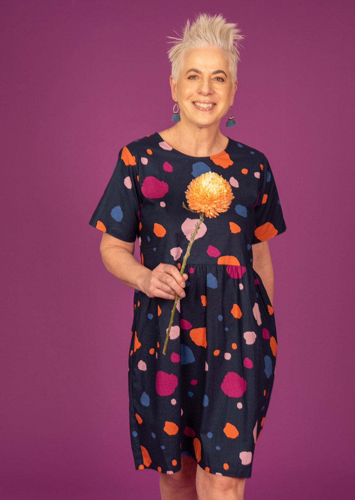 Mabel Dress Bold Colourful Printed Cotton Womens Dress | Karma East Australia round neckline short sleeve gathered pleat waistline above knee length dress with side pockets