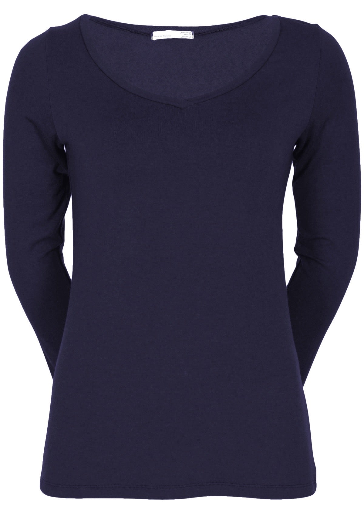 Front view of women's navy blue long sleeve stretch v-neck soft rayon top.
