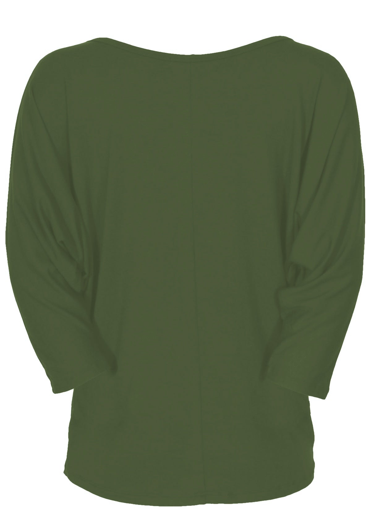 Back view of women's 3/4 sleeve rayon batwing round neckline olive green top.