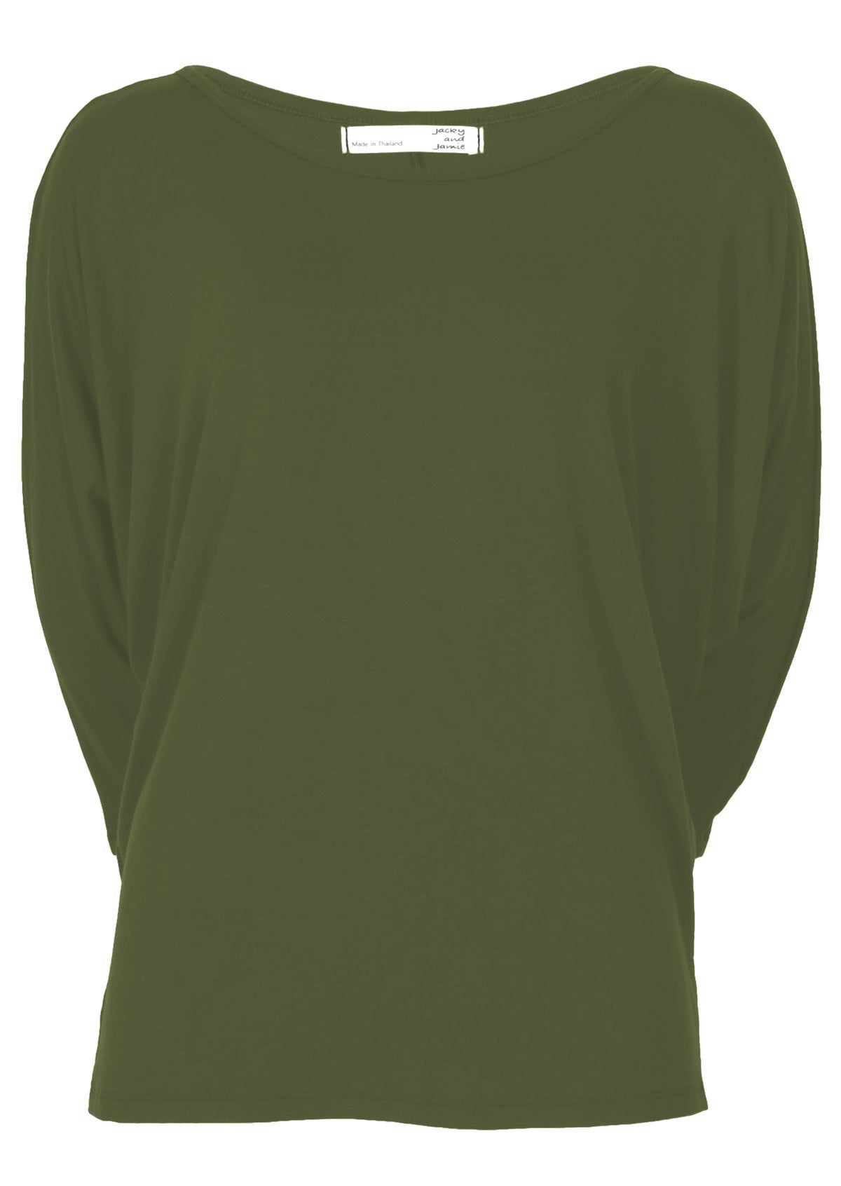 Front view of women's 3/4 sleeve rayon batwing round neckline olive green top.