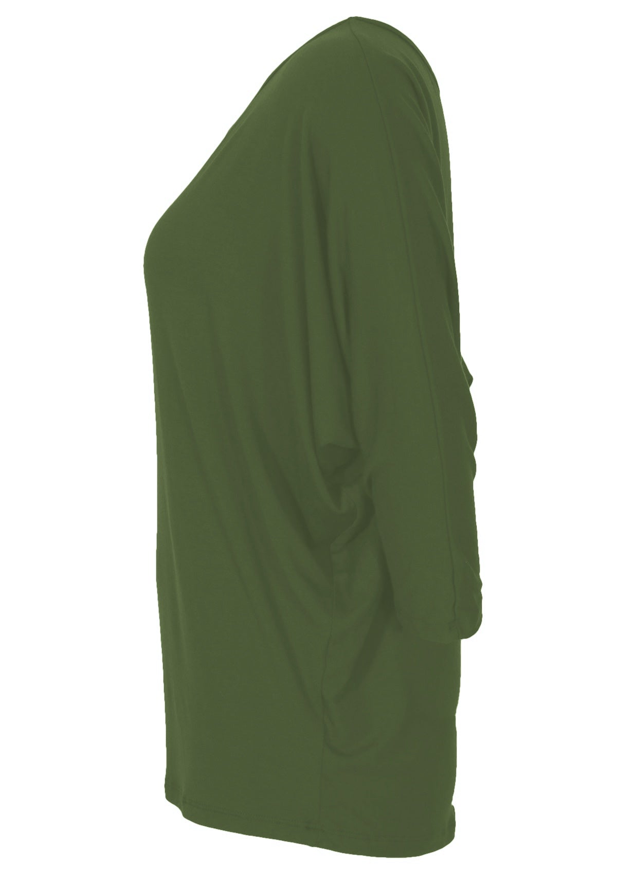 Side view of women's 3/4 sleeve rayon batwing round neckline olive green top.