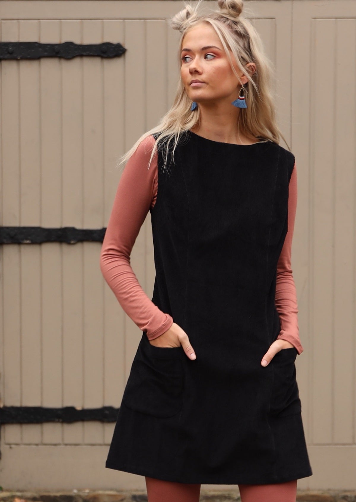 Polly Pocket Cord Tunic Dress shapely bodice a-line skirt high round neck sleeveless front pockets above knee length 100% cotton corduroy black | Karma East Australia