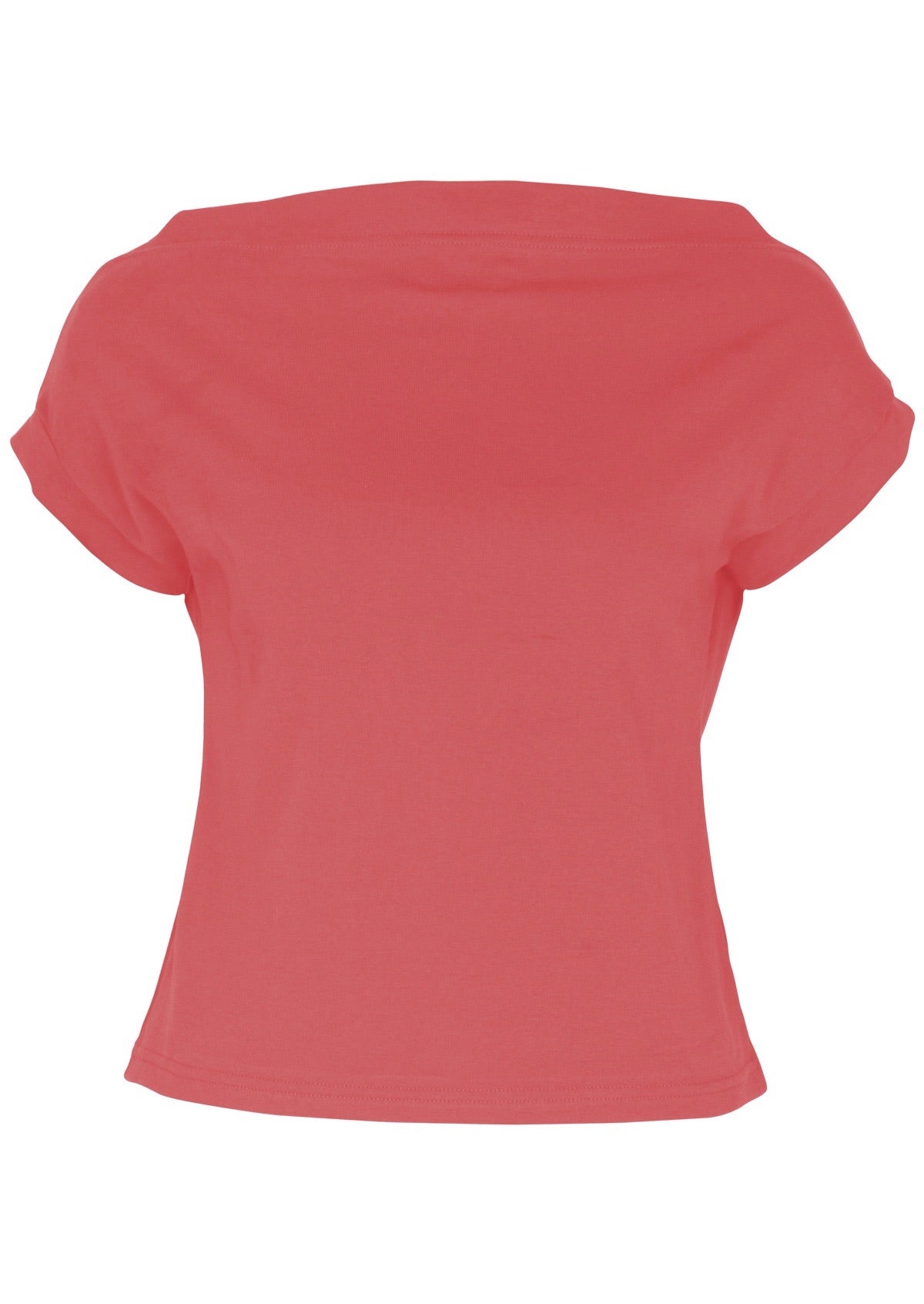 Front view women's wide neck mod pink stretch rayon boat neck top