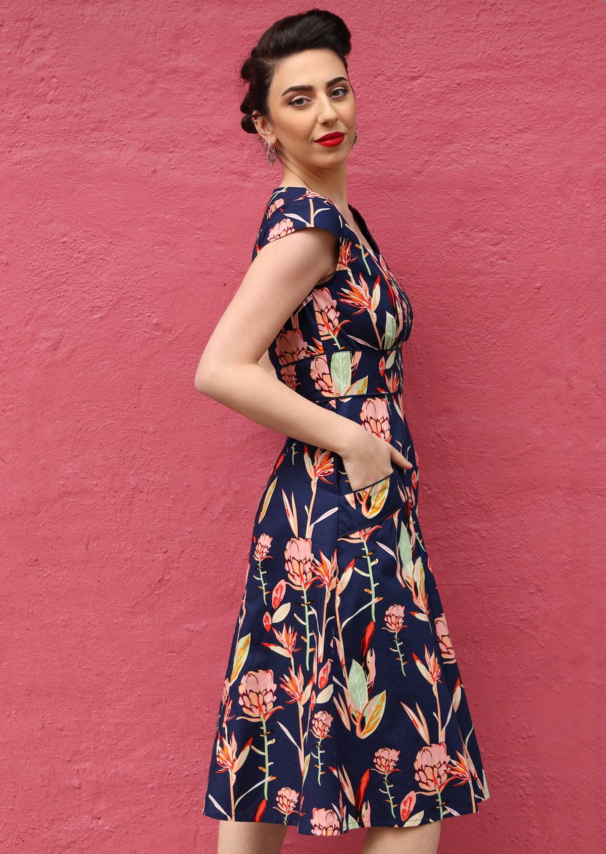 Cap Sleeve Empire Waistline Cotton Womens Dress with piped details in waist and pockets.