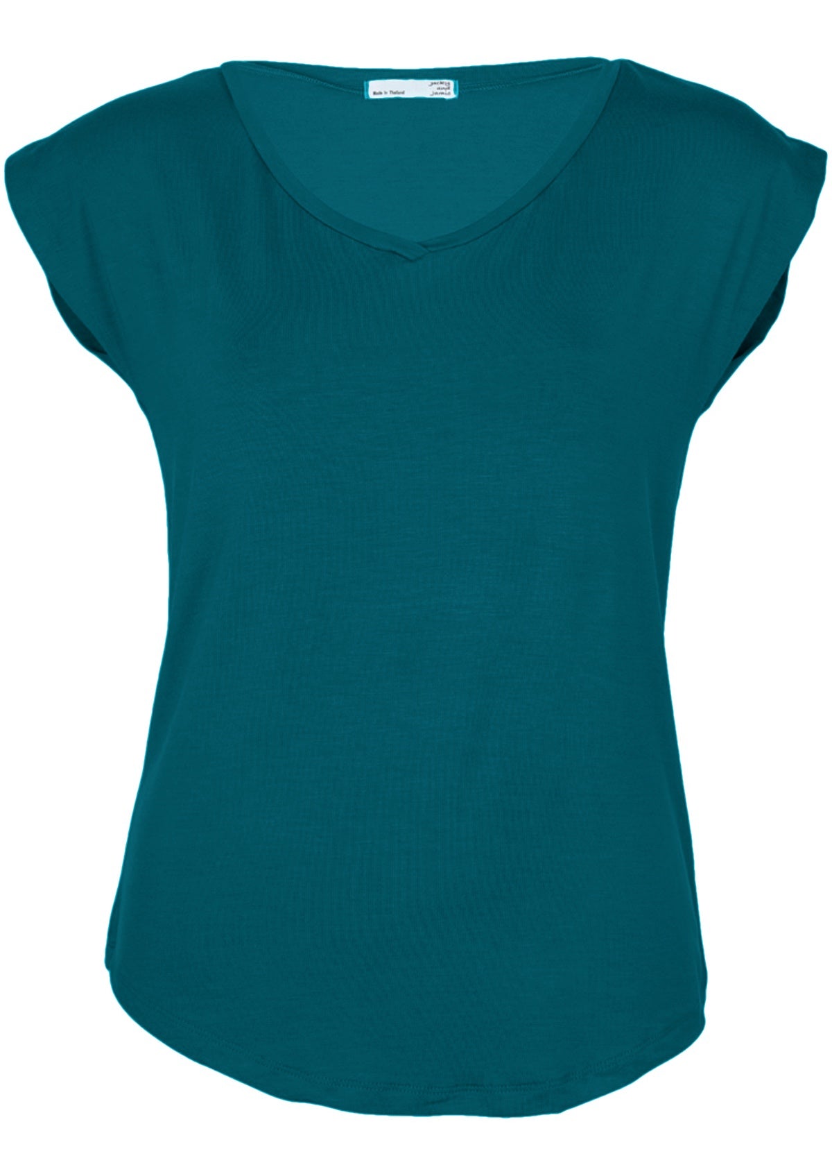 Front view of women's teal v-neck short cap sleeve rayon top.