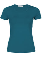 Front view women's scoop neck teal rayon fitted t-shirt.