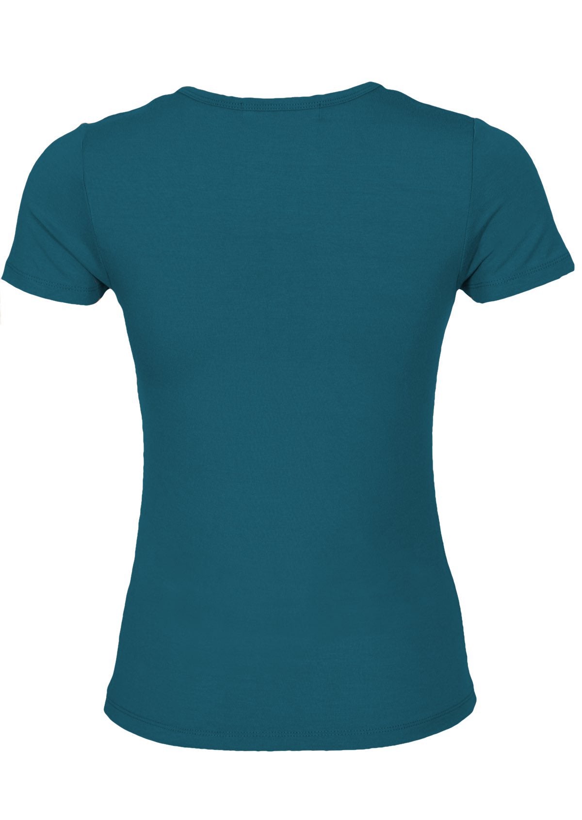 Back view fitted basic rayon teal women's t-shirt.