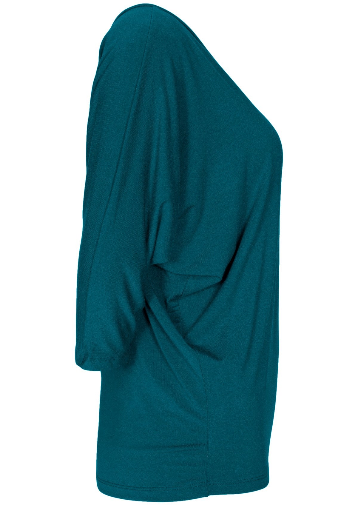 Side view of women's 3/4 sleeve rayon batwing v-neck teal top.