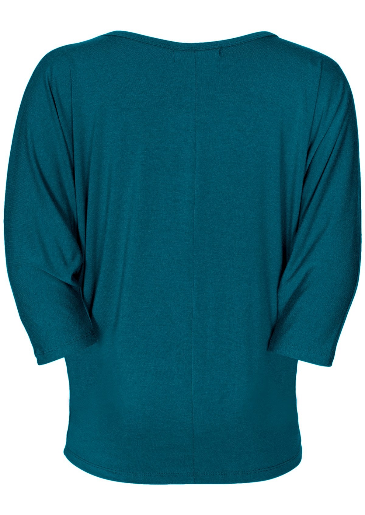 Back view of women's 3/4 sleeve rayon batwing v-neck teal top.