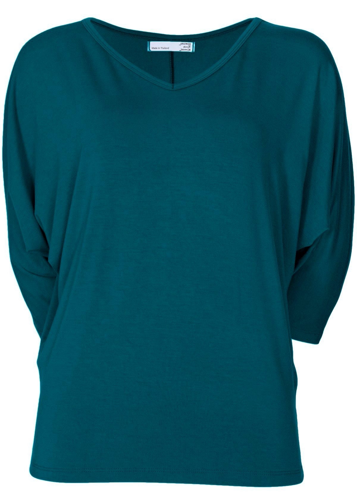Front view of women's 3/4 sleeve rayon batwing v-neck teal top.