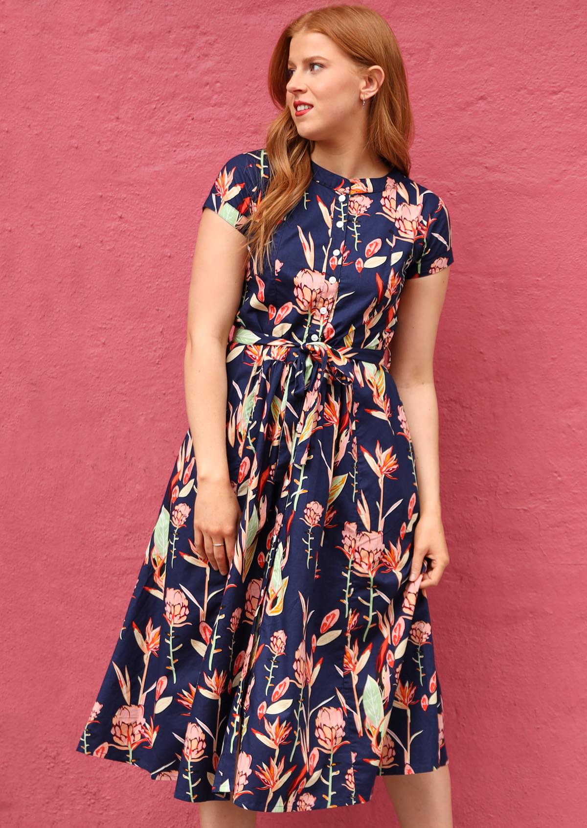 Button Down Waist Tie Cotton Womens Dress