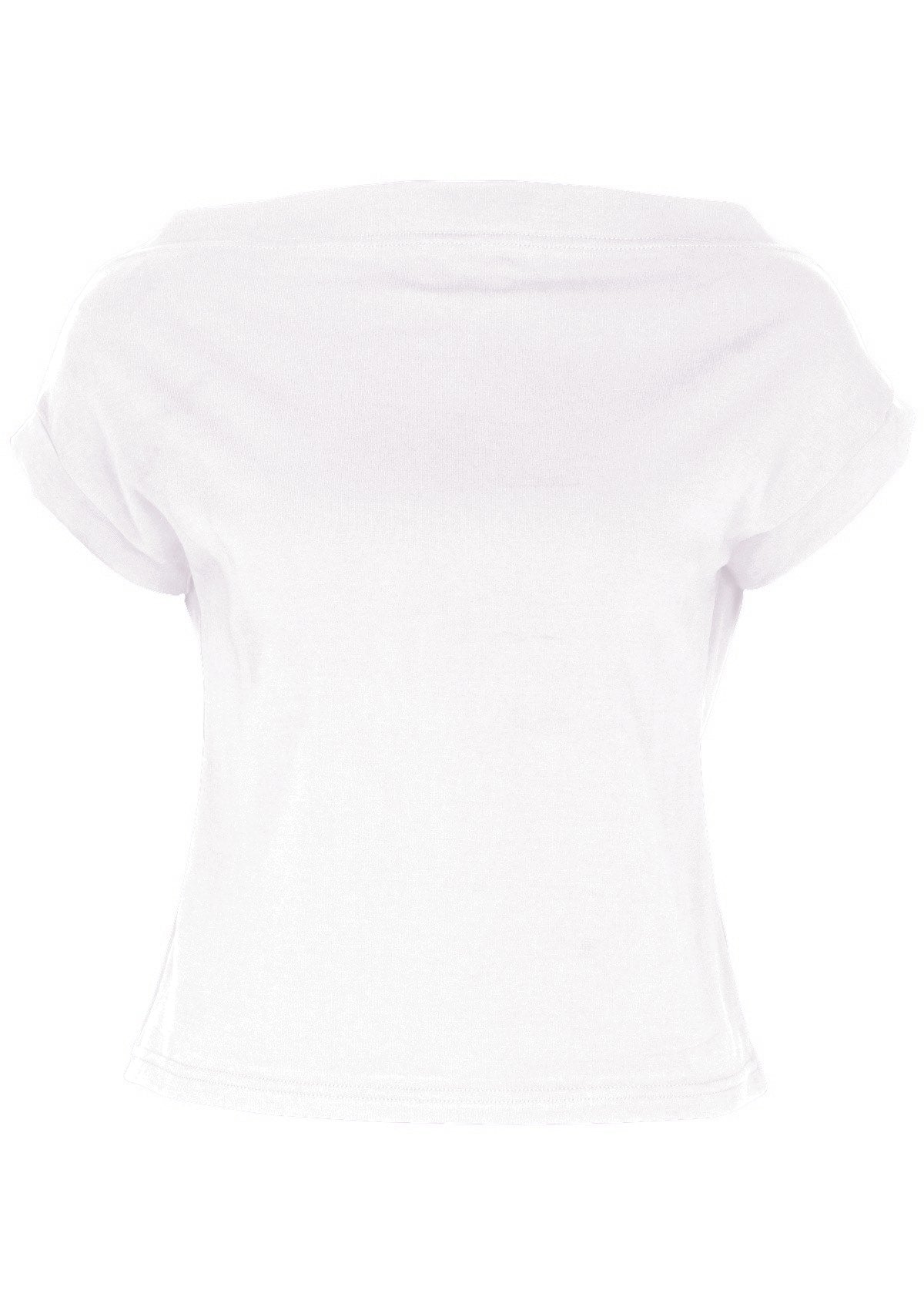 Front view of a women's wide neck mod white stretch rayon boat neck top