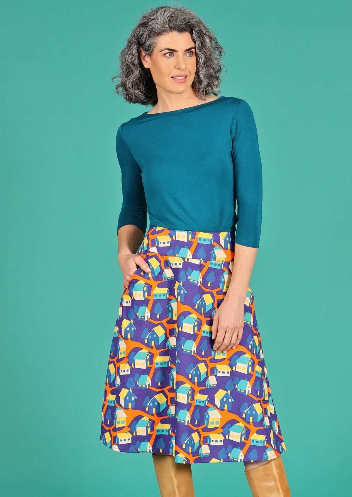 Zarah Skirt Around the Houses cotton colourful house print retro style skirt with pockets | Karma East Australia
