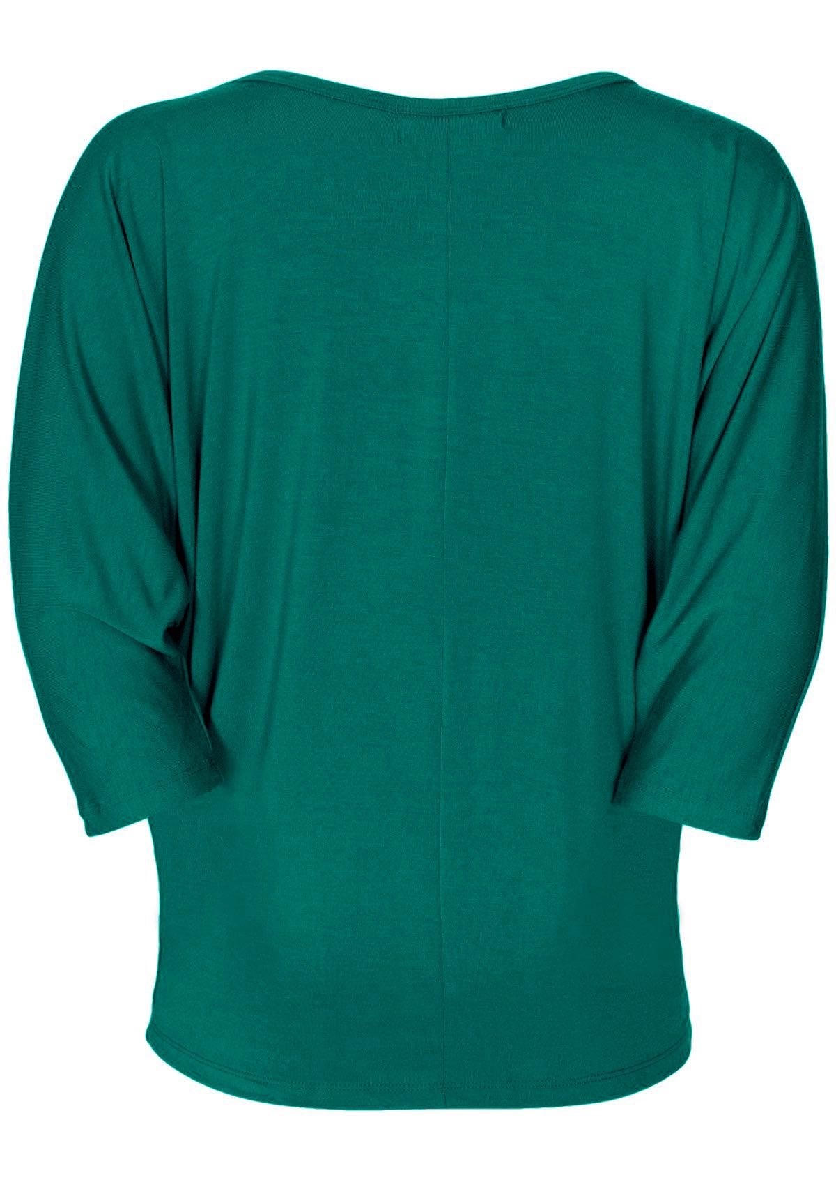 Back view of women's 3/4 sleeve rayon batwing v-neck green top.